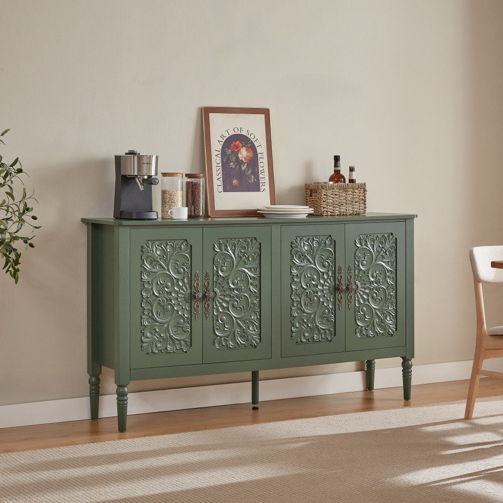 BBG Anrichte Sideboard mit Relief-Schnitzdekor, 160 cm breit, großzügigem Stauraum, Vintage-Aufbewahrungsschrank mit Türen, abgerundeten Kanten