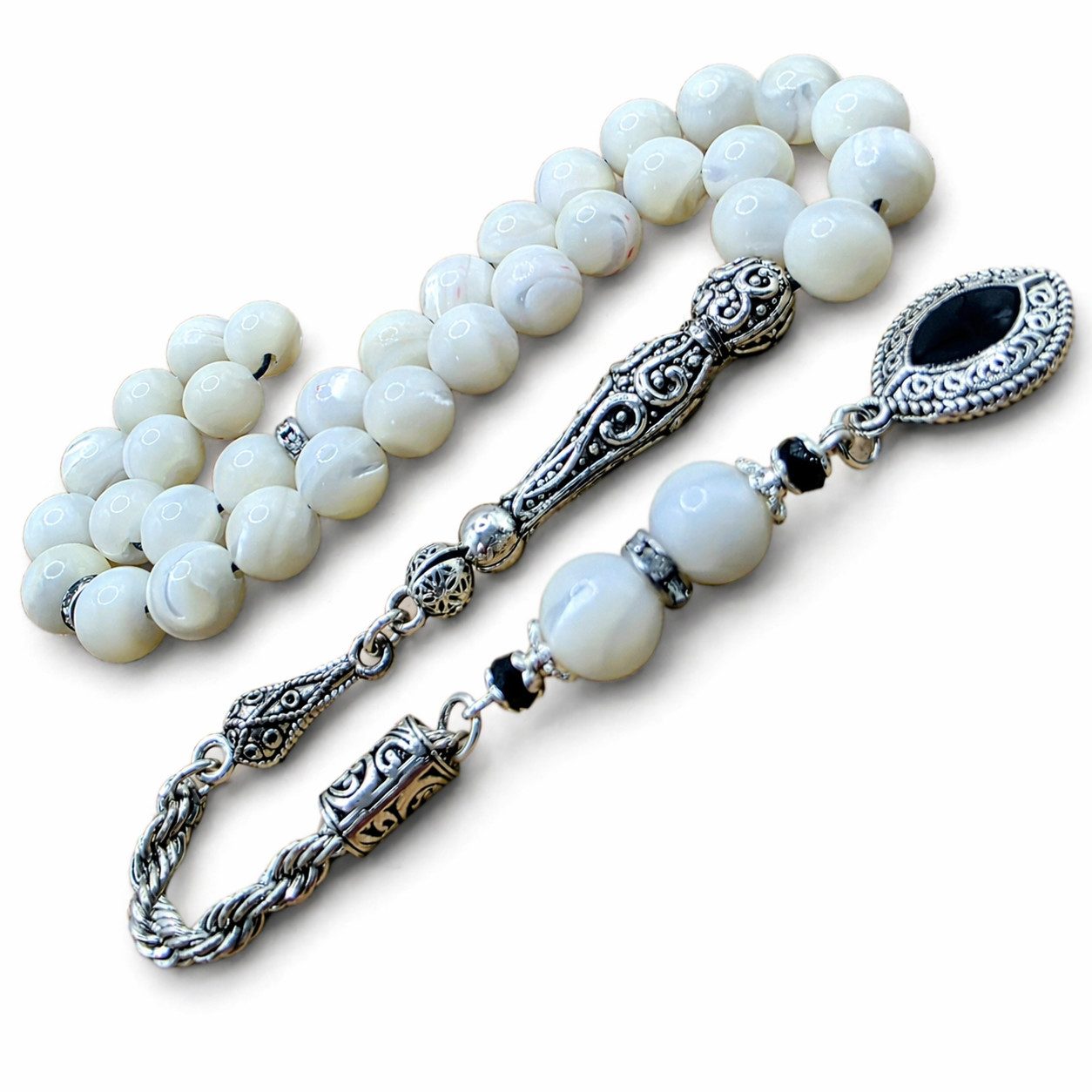 M-Punkt24 Kettenanhänger Tesbih Tespih Naturstein Küre Rund (Gebetskette, Rosary, Subha Misbah), Design Püskül, inkl. ETUI, *SONDERPREIS WEGEN PRODUKT NEUHEIT*