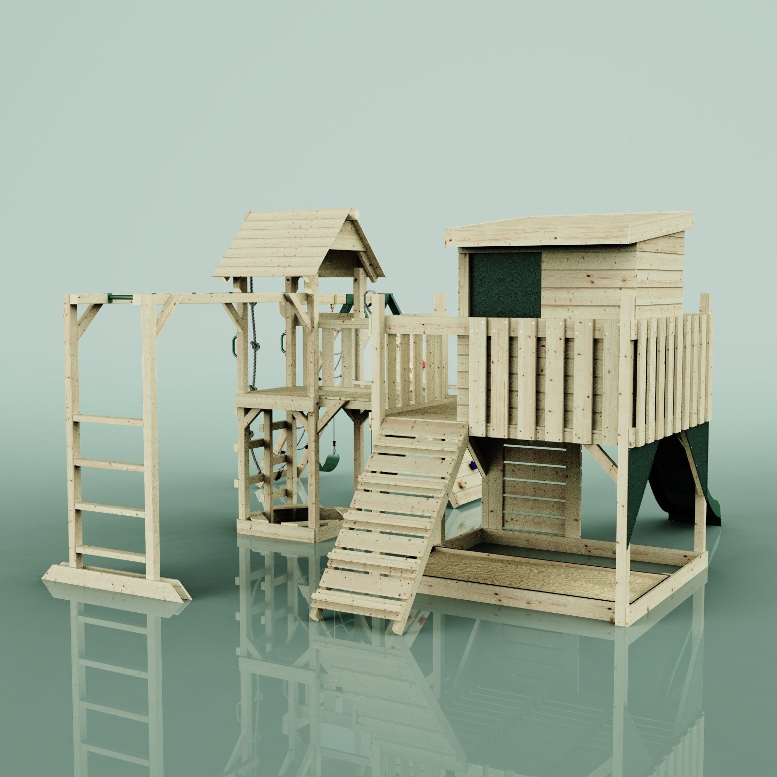 OutdoorToys Spielturm Tessa, aus Holz in Dunkelgrün mit Kinderschaukel & Rutsche, Kletterwand