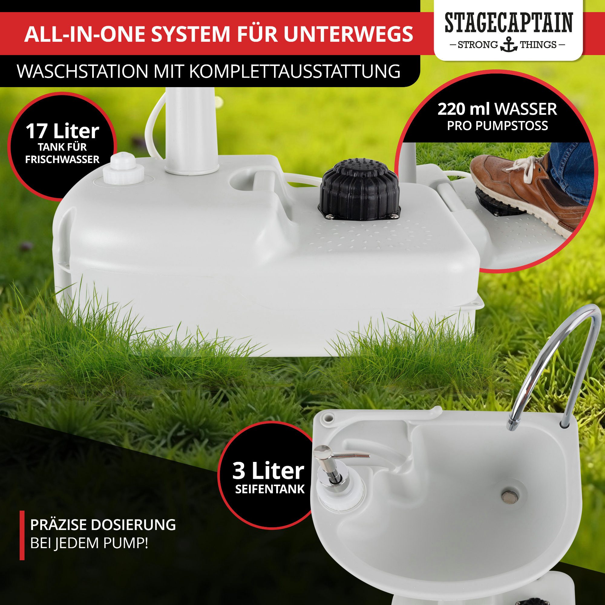 Stagecaptain Waschbecken PSW-17 Portables Festival Camping-Waschbecken (Deluxe Set, 2-St., inkl. Spender, Handtuchhalter und Abwasser-Kanister), Spülbecken mit 17 Liter Frischwassertank