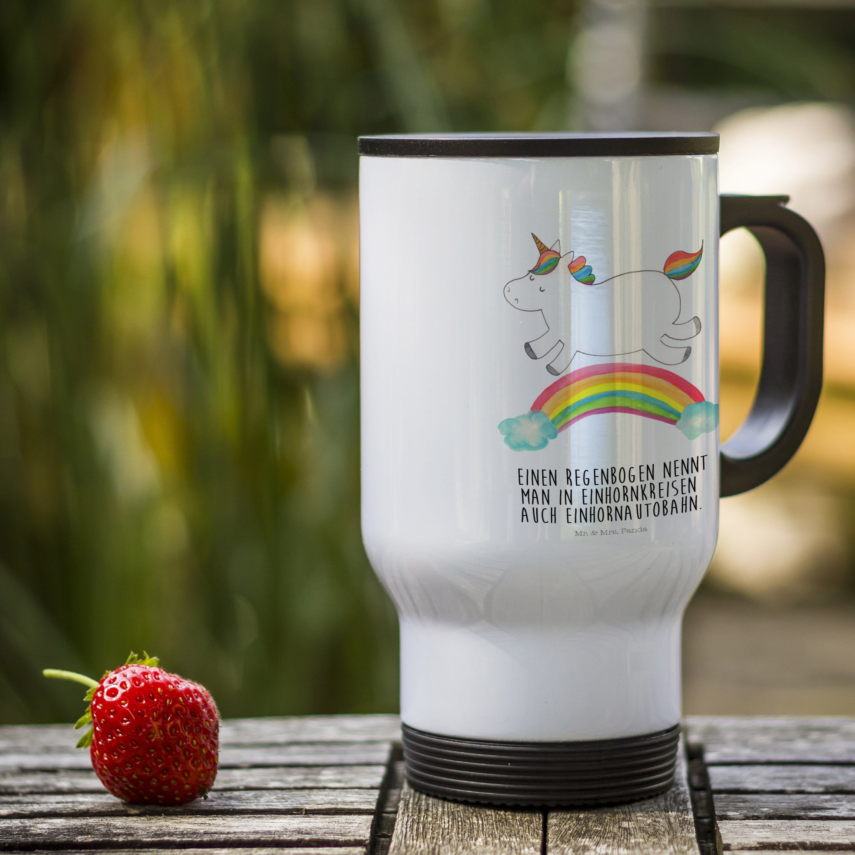 Mr. & Mrs. Panda Thermobecher Einhorn Regenbogen, Thermobecher, Weiß, Regenbogen, Glitzer, Edelstah, Edelstahl, Unicorn auto thermobecher kaffeebecher für unterwegs