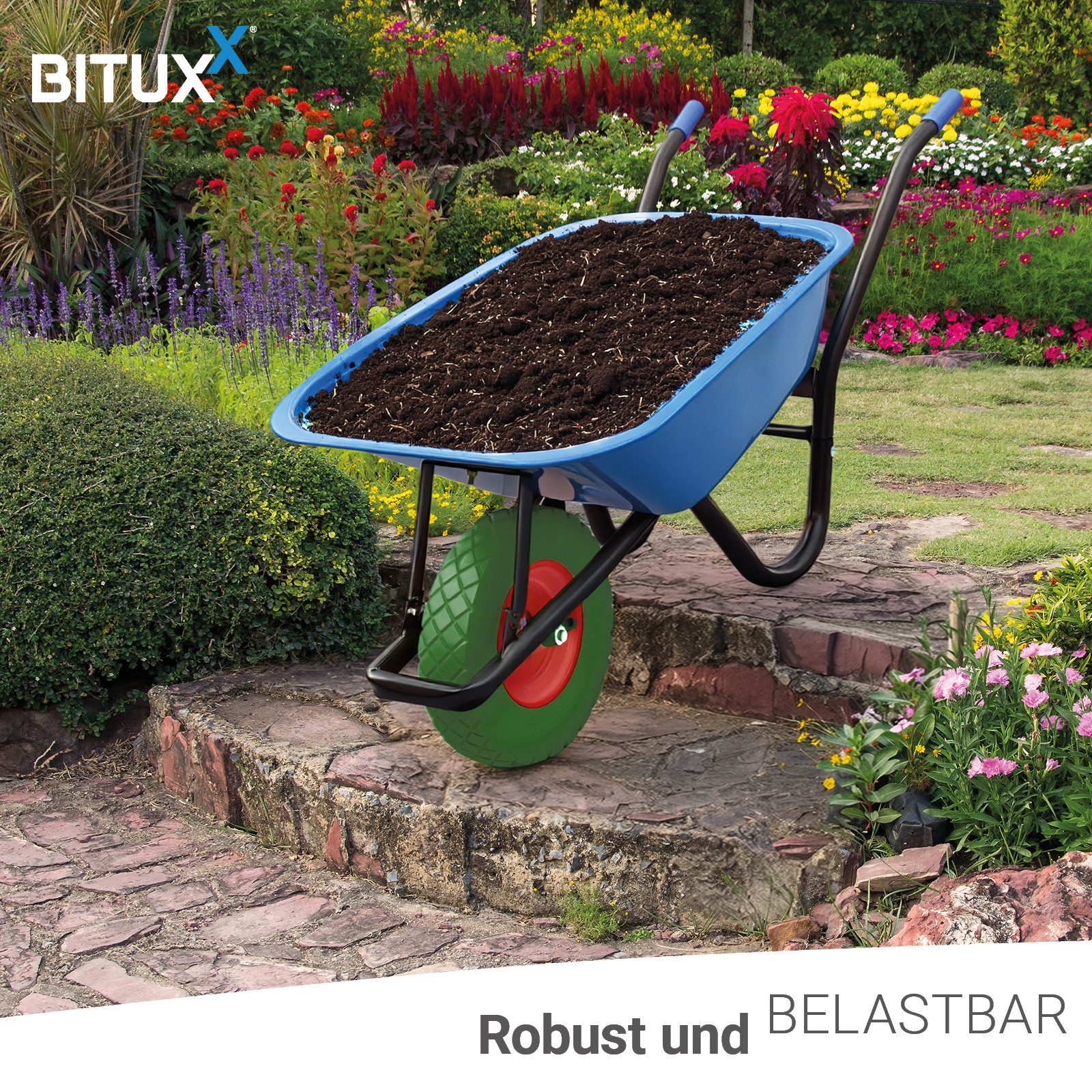 Bituxx Schubkarre Schwarz Mulde Blau mit PU Rad Grün, (MS-19708)