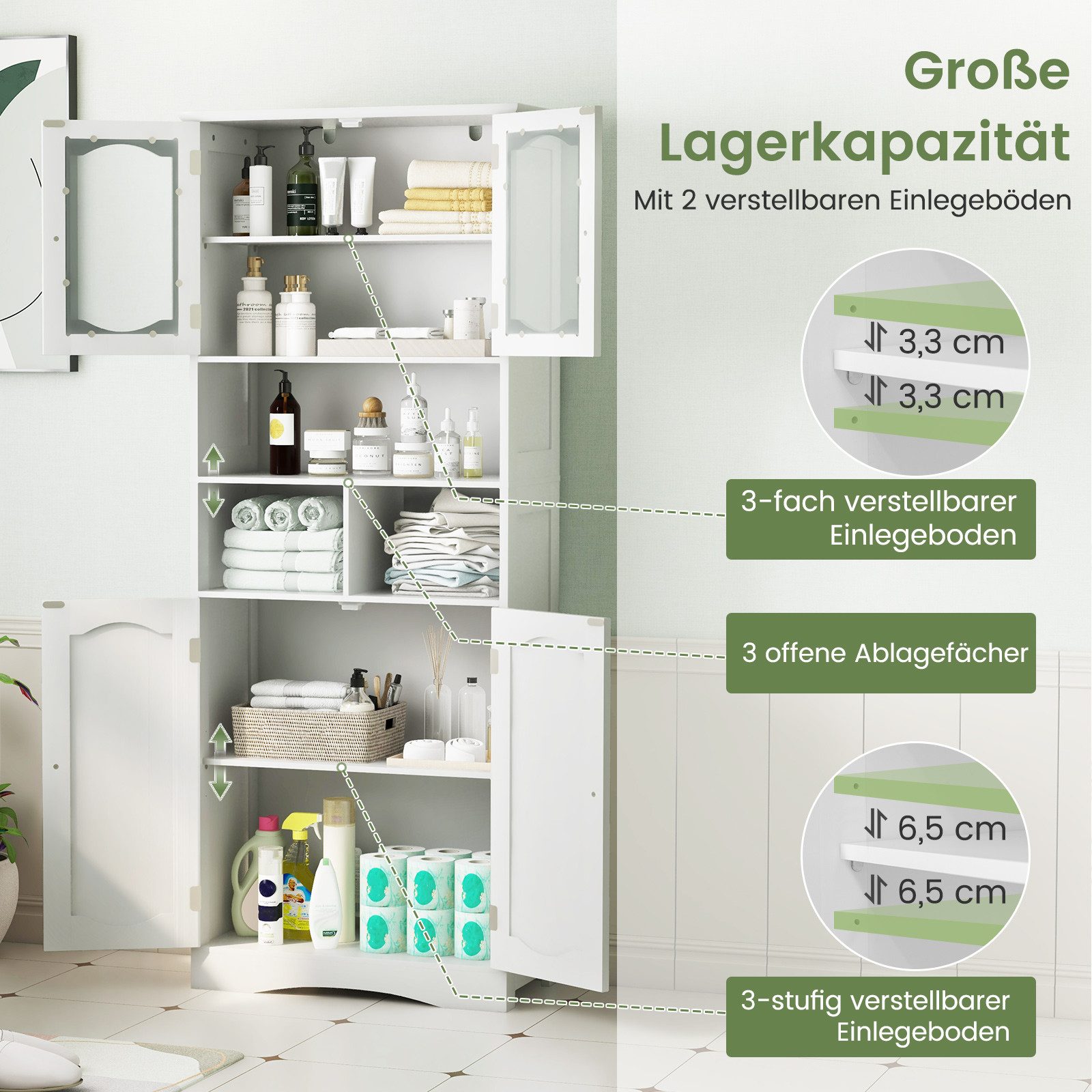 COSTWAY Hochschrank Küche, Badezimmerschrank mit verstellbarem Regal, weiß