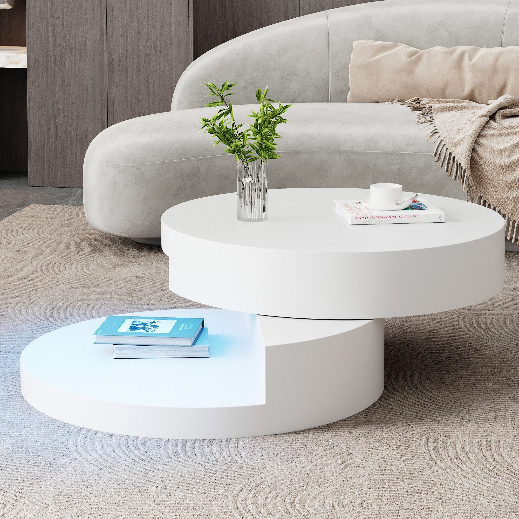 MODFU Couchtisch Zylindrischer Satztisch (Satztisch, 1-St., Doppelschichtiger Sofatisch), Obere Tischplatte 360° frei drehbar