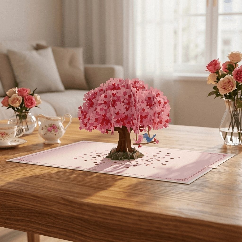 papercrush Glückwunschkarte Herzbaum mit Turteltauben Pop-Up Karte, 3D Hochzeitskarte, Handgemacht, Lasergeschnitten, Pop-Up