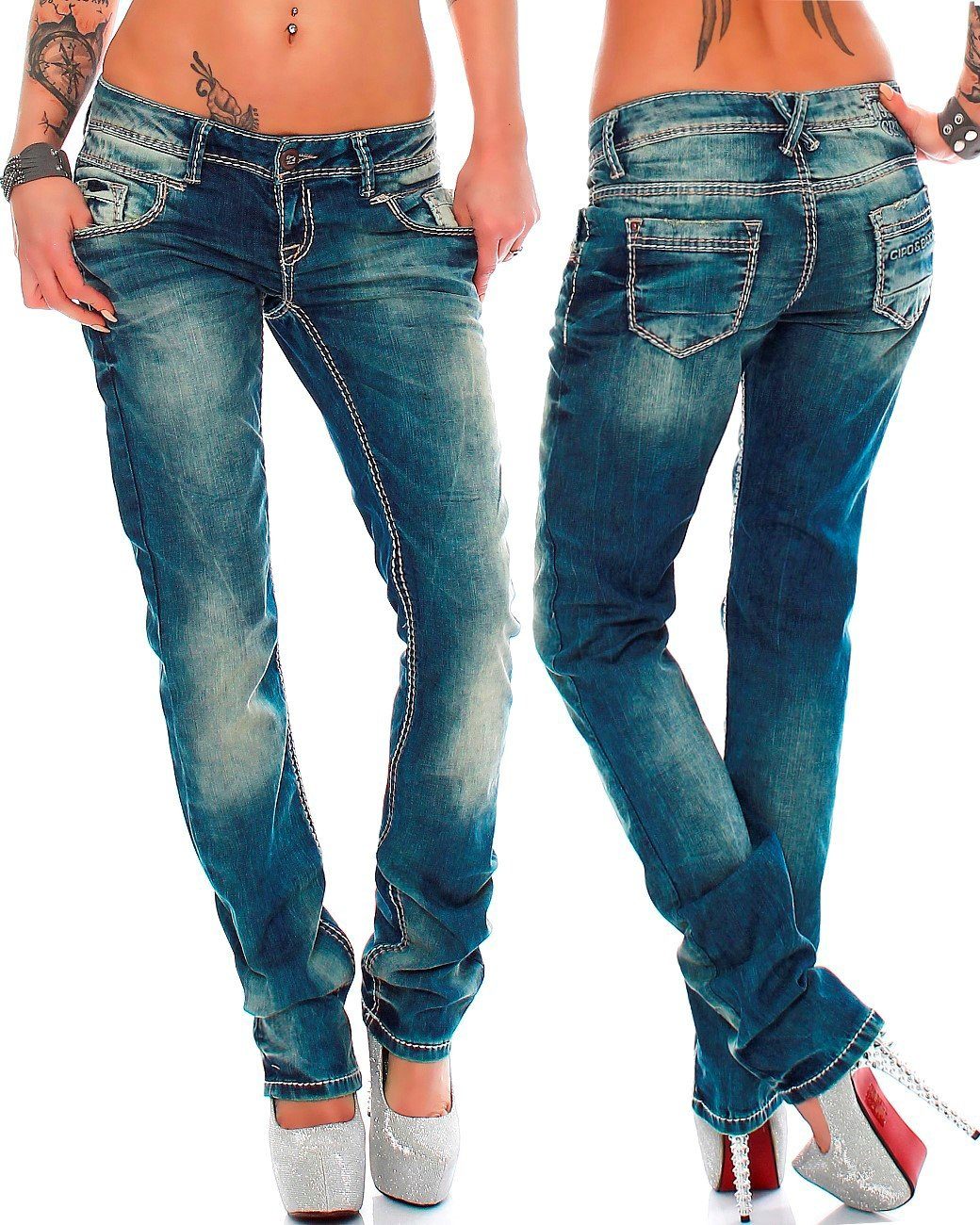 Cipo & Baxx Slim-fit-Jeans Damen Slim Fit Hose Stonewashed BA-WD153 Zweifarbige Ziernähte – Bild 4 von 4