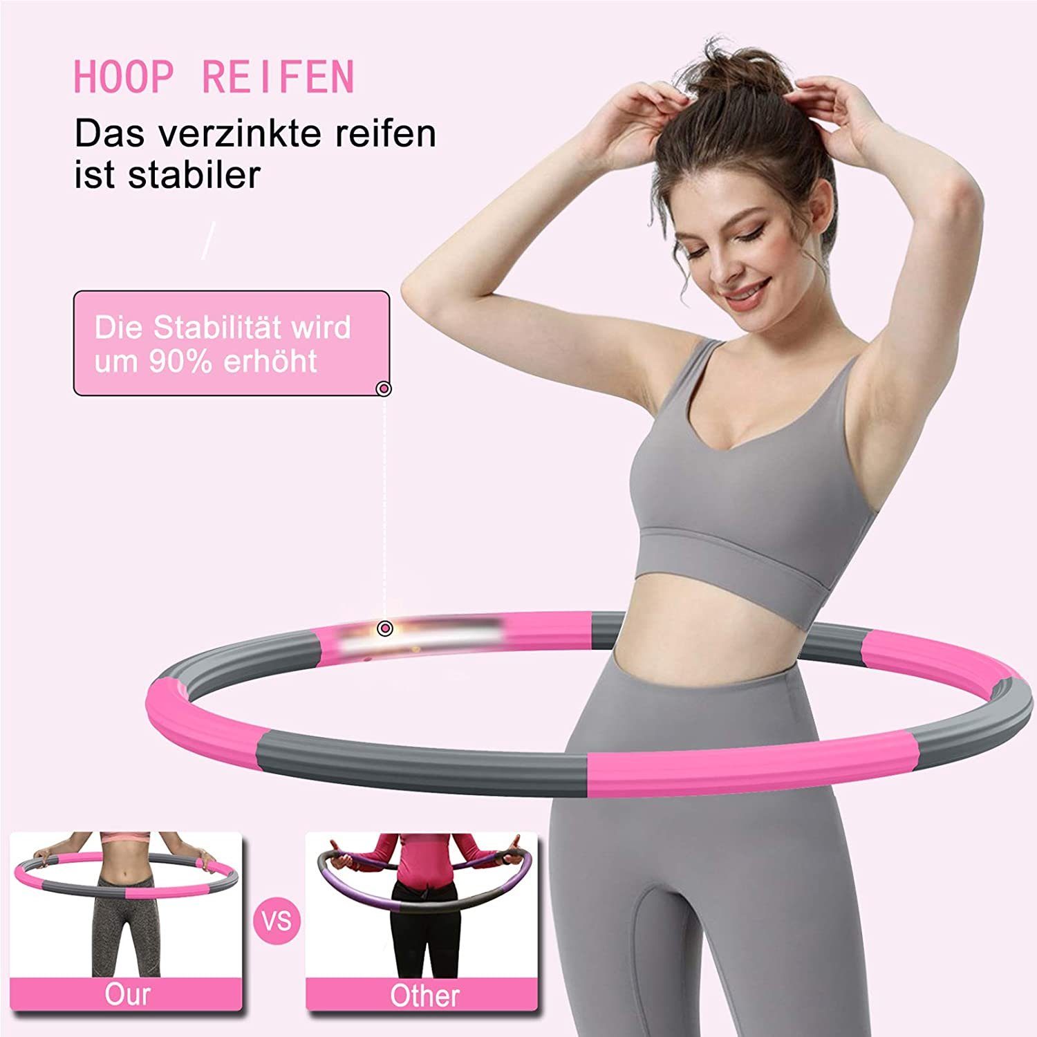 Hula-Hoop-Reifen Fitness Gewichtsreduktion Reifen mit Schaumstoff Pink/Grau 