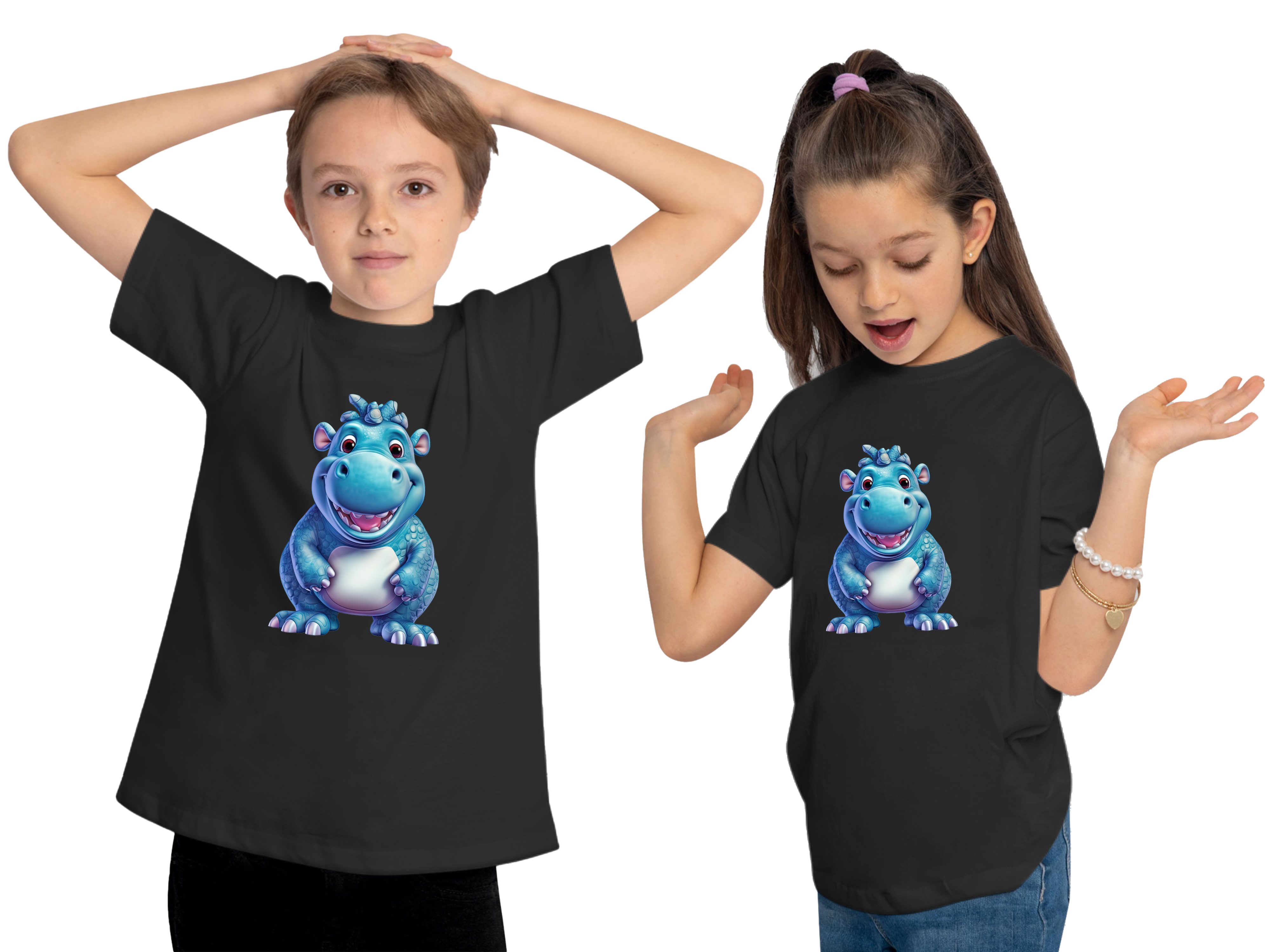 MyDesign24 T-Shirt Baby Hippo Aufdruck, Nilpferd schwarz Wildtier Baumwollshirt i274 Kinder mit bedruckt - Print Shirt