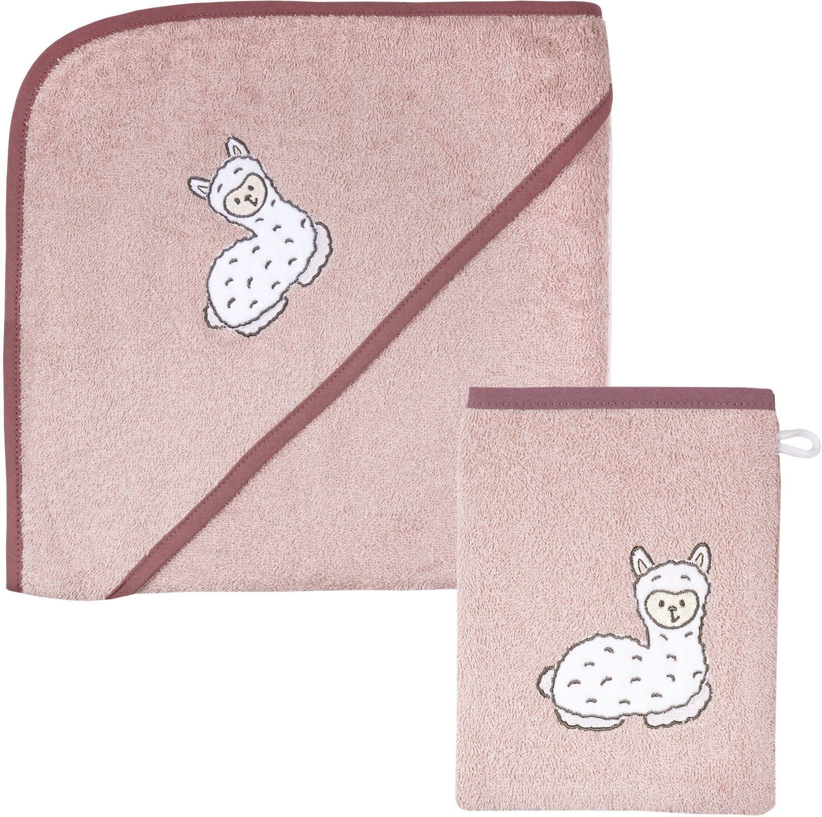 Wörner Handtuch Set Lama rosa Kapuzenbadetuch 100/100 mit Waschhandschuh, Frottier (Spar-Set, 2-St), mit süßer Lamastickerei
