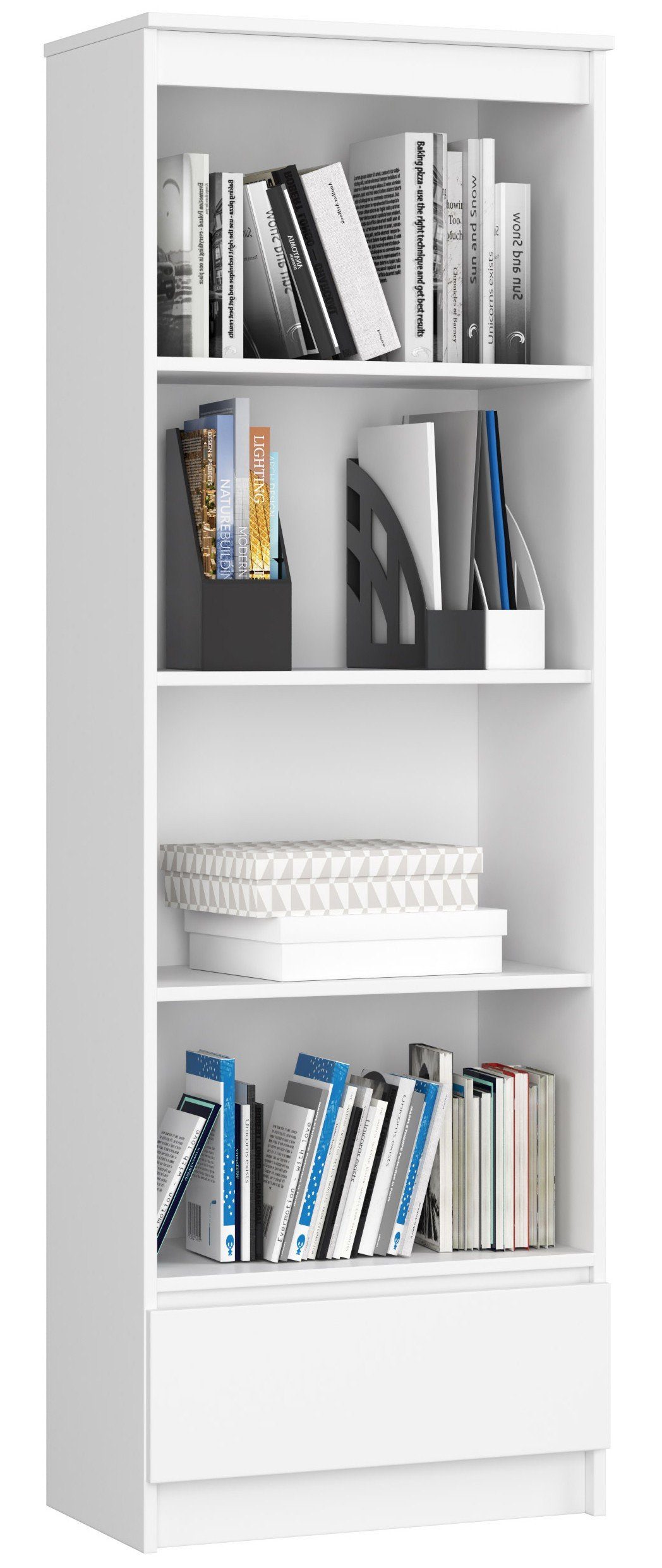 Home Collective Bücherregal Schrank Büroregal weiß 60cm breit 180cm hoch, mit Schublade unten
