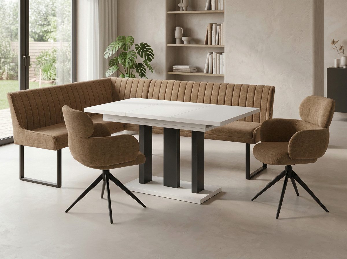 Endo-Moebel Eckbankgruppe Eckbankgruppe Esstisch ausziehbar 2 Stühle Eckbank Farbauswahl Set, (Eckbankgruppe, Eckbankgruppe inklusive Eckbank, Tisch und 2 Drehstühlen), Chenille 310 g/m², 360° Drehstühle, Auto-Return, Synchronauszug