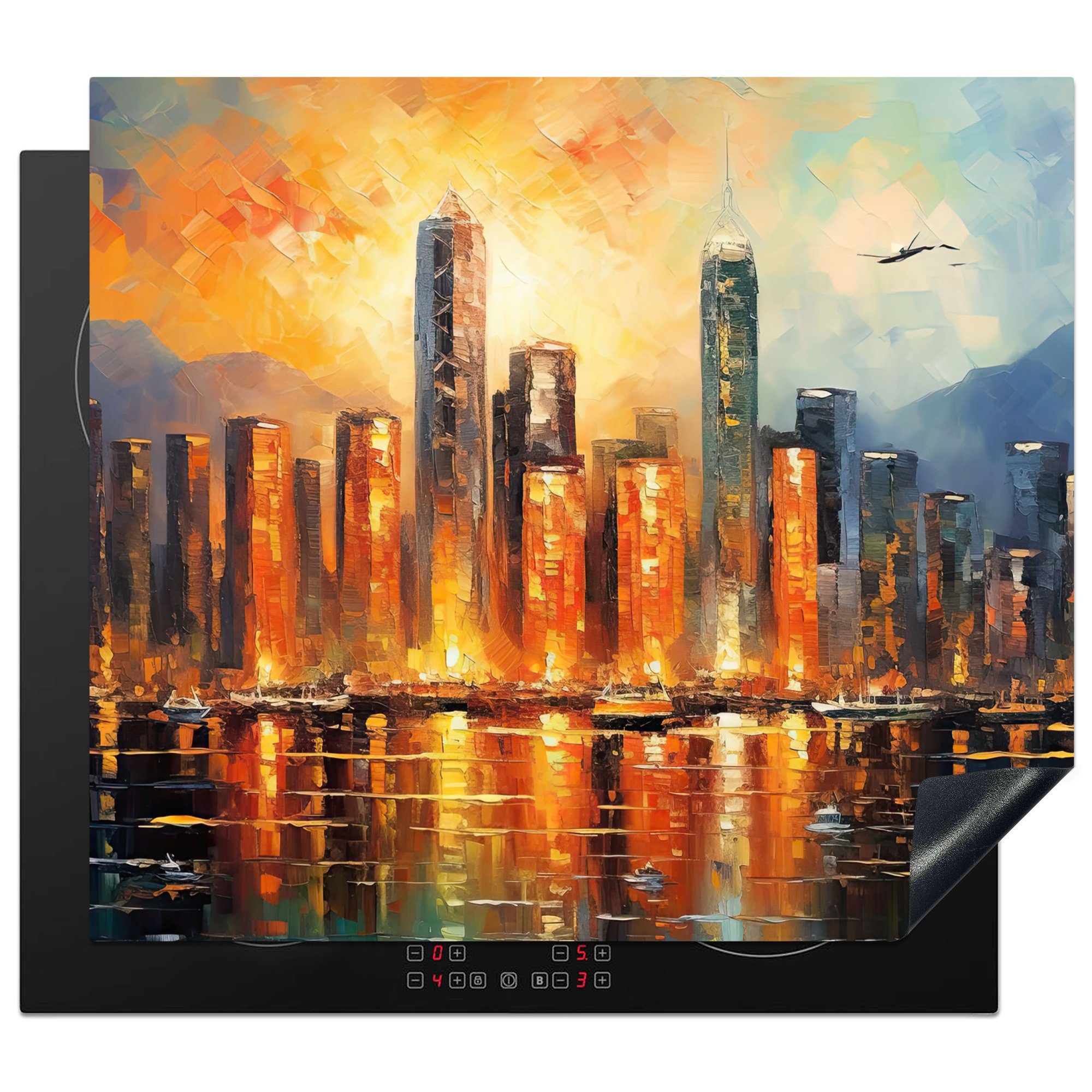 MuchoWow Herdblende-/Abdeckplatte Stadt - Hongkong - Sonnenuntergang - Architektur, Vinyl, (1 tlg), 60x52 cm, Mobile Arbeitsfläche nutzbar, Ceranfeldabdeckung