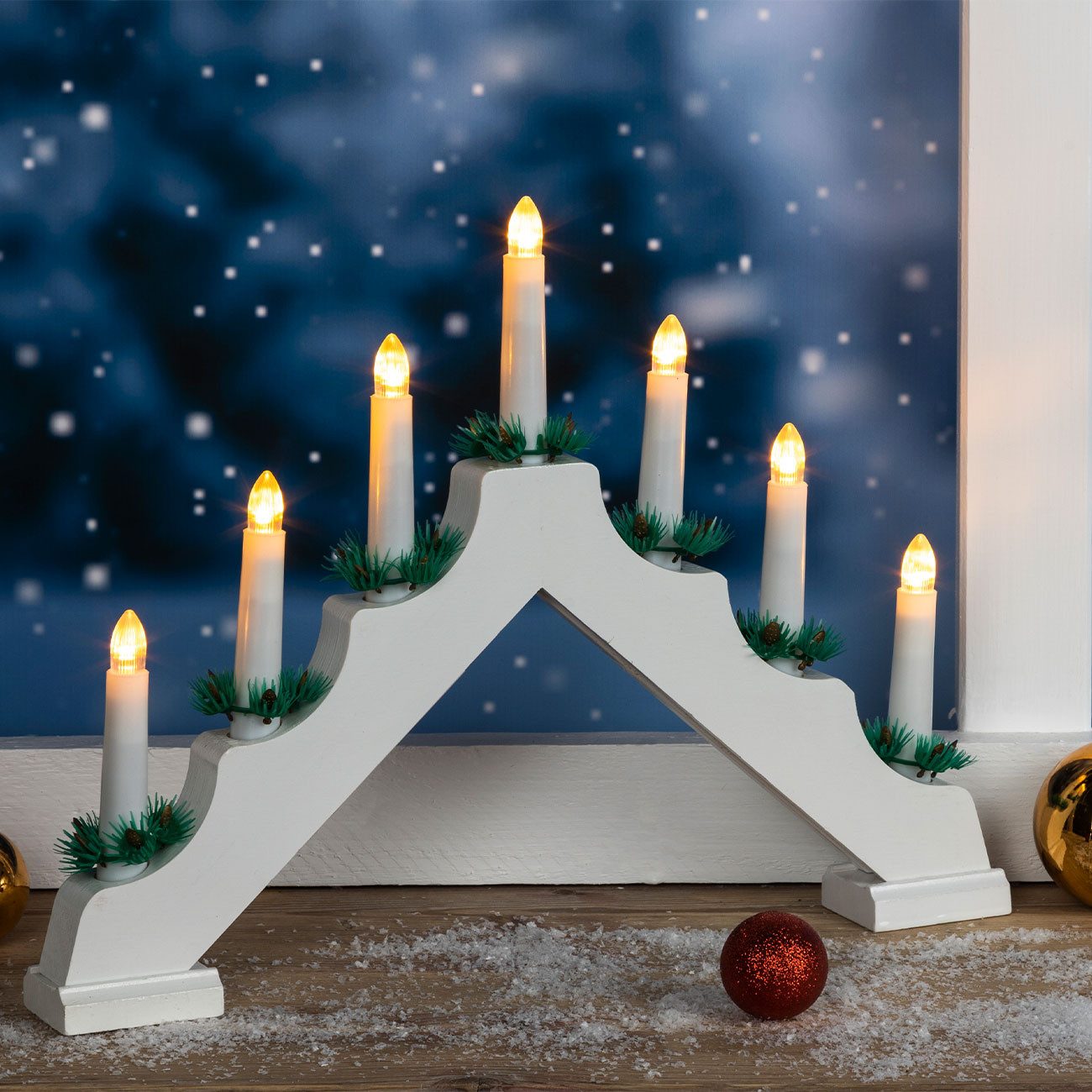 HollyBell Lichterbogen Lichterbogen Holz Schwibbogen 7 LED-Kerzen Timer Batteriebetrieb Weiß, 7 LED-Riffelkerzen, IP20, kabellos