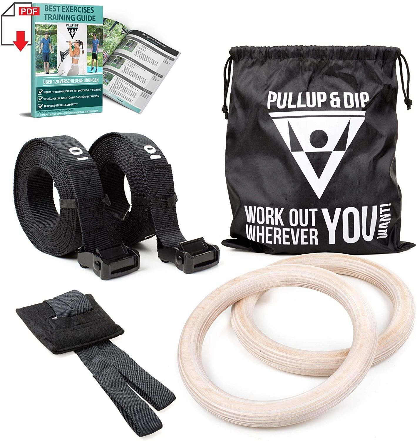 Pullup & Dip Turnring Premium Turnringe Holz, Gym Rings Gymnastikringe (Set, eBook mit über 45 Übungen als PDF)