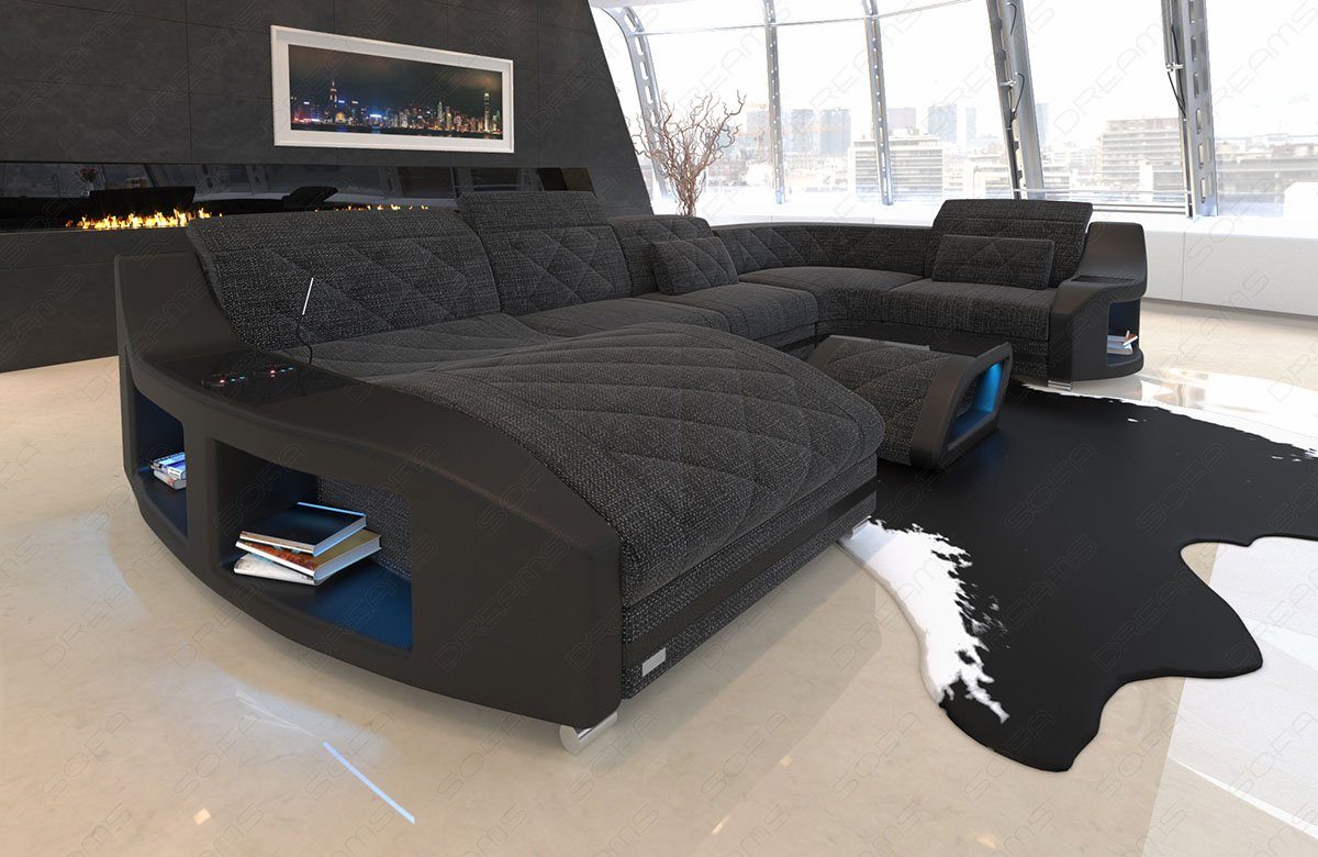 Polsterstoff schwarzgrau-schwarz Sofa mit Swing Sofa Couch Dreams Bettfunktion U Designersofa Strukturstoff wahlweise Form Stoffsofa, H Wohnlandschaft