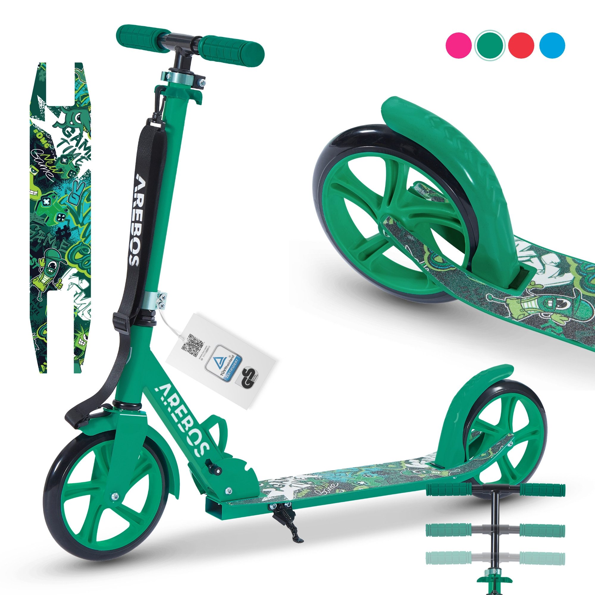 Arebos Tretroller klappbar höhenverstellbar 78–93 cm, ab 6 Jahre, 100 kg, 0 W, Fahrspaß überall: ideal für Schule, Freizeit oder kurze Wege