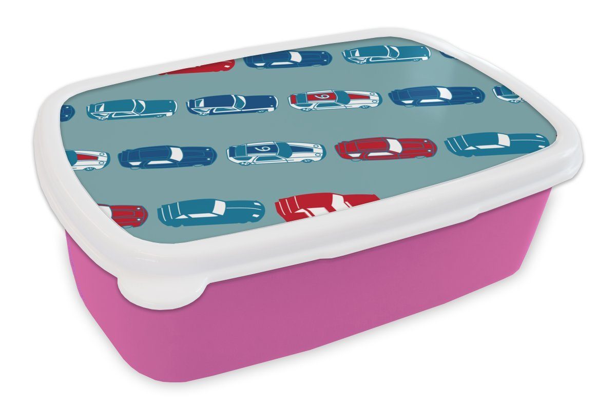 MuchoWow Lunchbox Muster - Auto - Rennen - Jungen - Kinder - Kind, Kunststoff, (2-tlg), Brotbox für Erwachsene, Brotdose Kinder, Snackbox, Mädchen, Kunststoff rosa