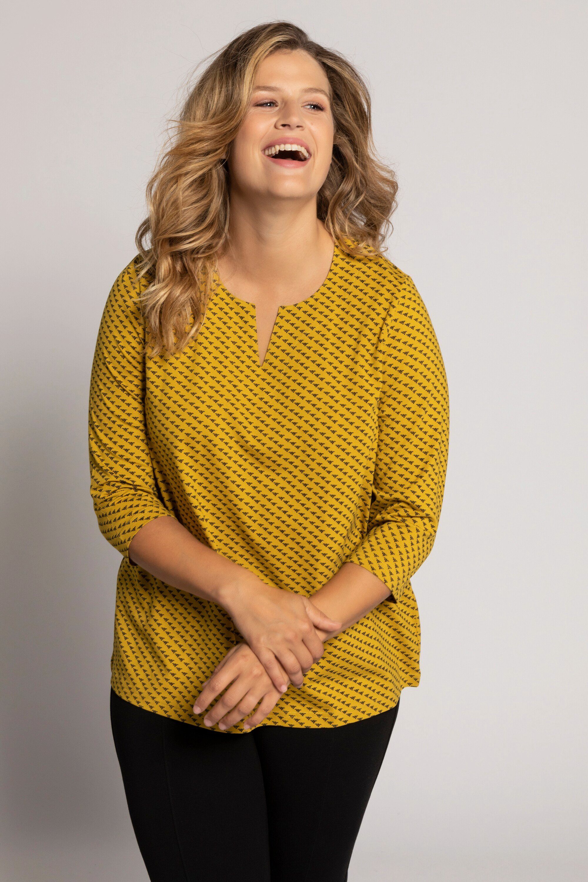 Ulla Popken T-Shirt Shirt gemustert A-Linie 3/4-Arm Biobaumwolle