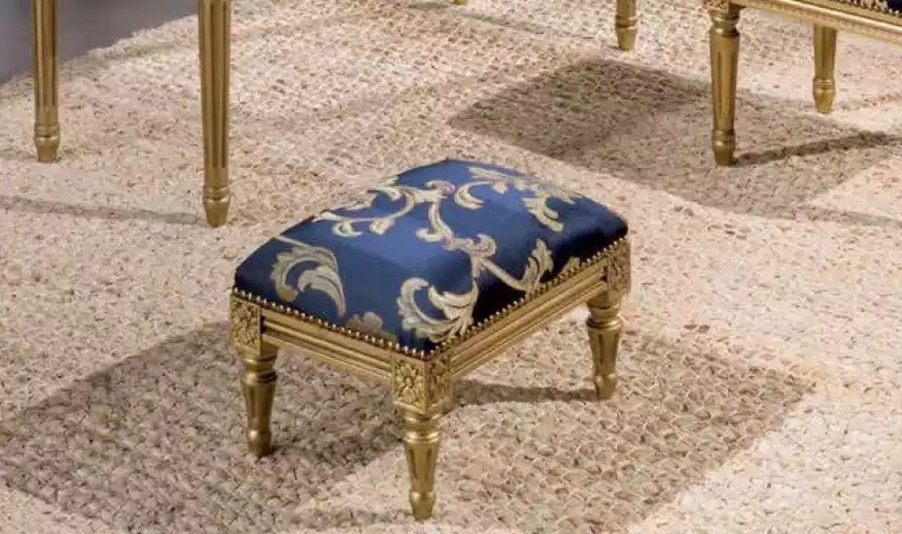 JVmoebel Fußhocker Eleganter Hocker aus blauer Textilie mit goldenen Holzfüßen (1 St., Hocker), Made in Europa