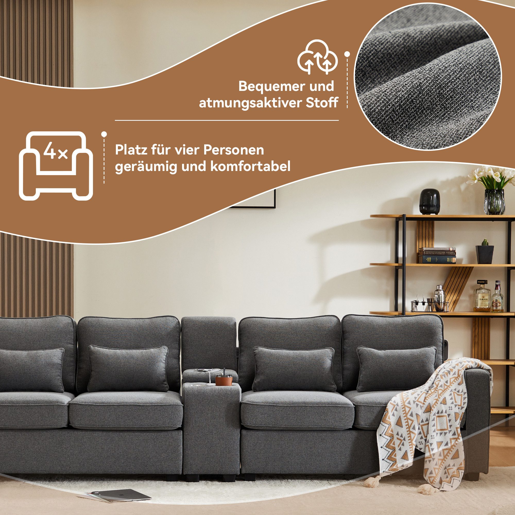 Merax 4-Sitzer mit Seitentaschen und Getränkehälter, XXL-Sofa mit USB,Chaiselounge,Polstermöbel mit Zierkissen – Bild 3 von 5