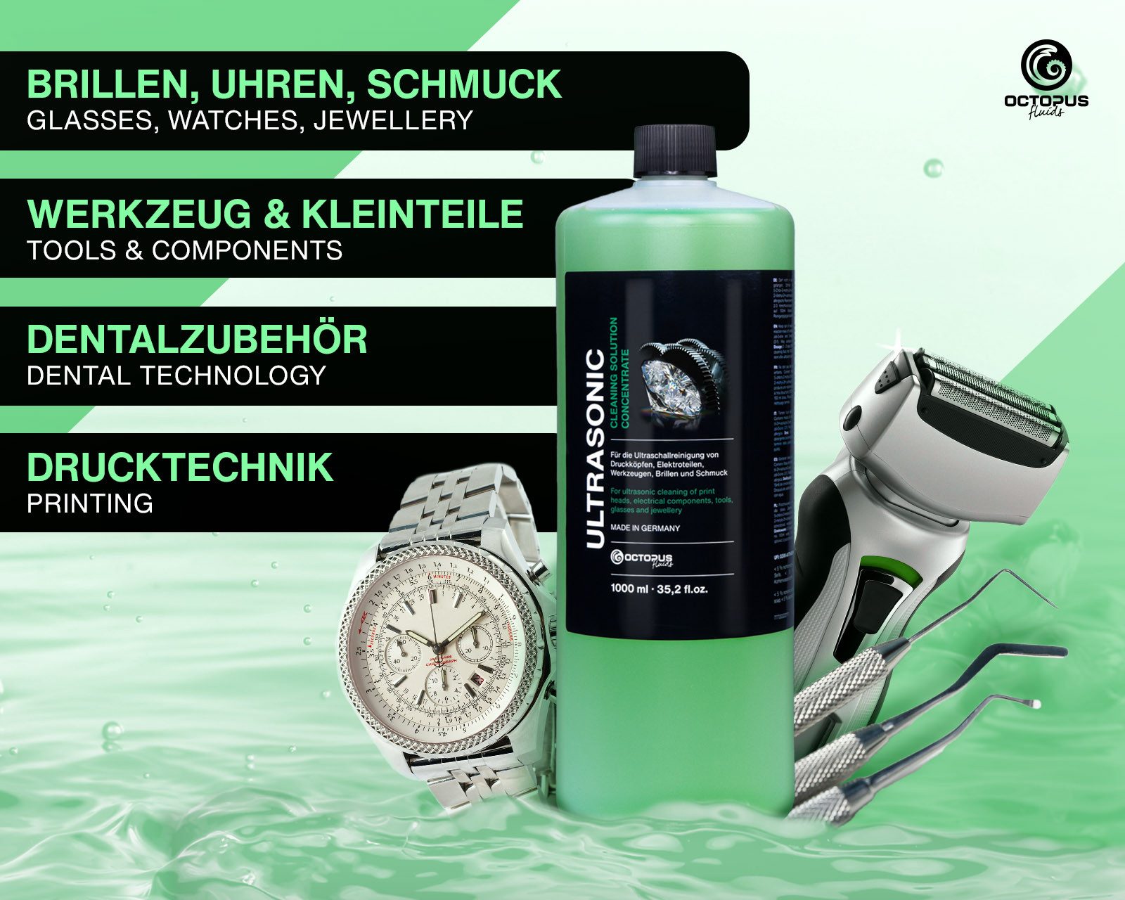 OCTOPUS Fluids Ultraschallreiniger OCTOSONIC Ultraschall Spezialreinigungskonzentrat grün 250ml, 250 ml Made in Germany