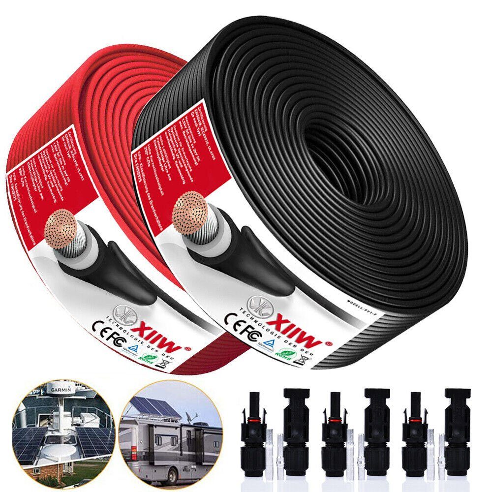 XERSEK Solaranlage 2X Schwarz+Rot Solarkabel 4mm² 6mm² 10mm² Photovoltaik 30A/65A Stecker, (10m 25m 50m 100m), 1500V DC, PV-Anlage,Kupferverzinnung Photovoltaik