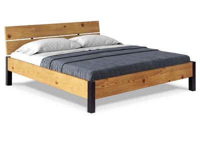 Moebel-Eins Massivholzbett, CURBY Bett Metallfuß, mit Kopfteil, Material Massivholz, rustikale Altholzoptik, Fichte