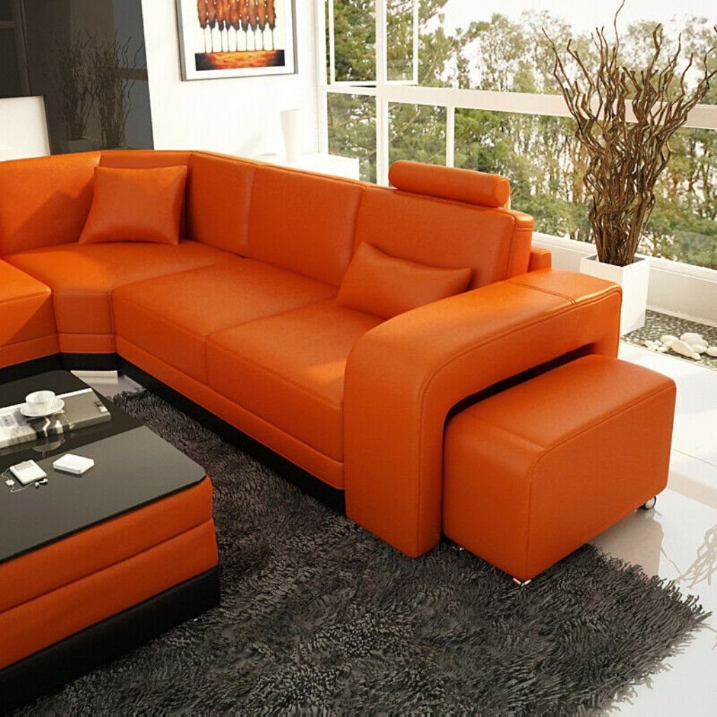 JVmoebel Ecksofa Design Leder Wohnlandschaft Garnitur Orange Sofa Ecke Couch Eck Moderne USB