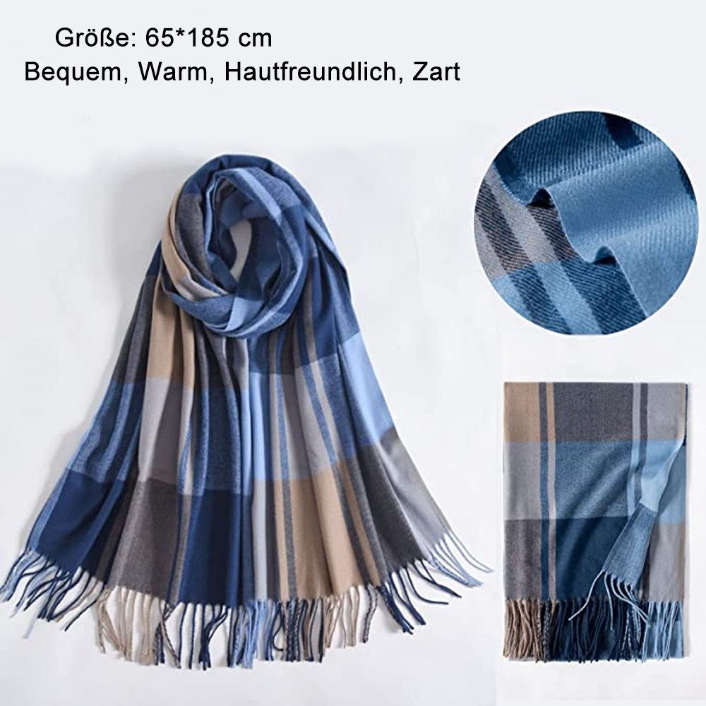 Komfort Wollschal Weich Damen Quadratisch Schal,Kariert übergroßer Fransen zggzerg Schal Graublau
