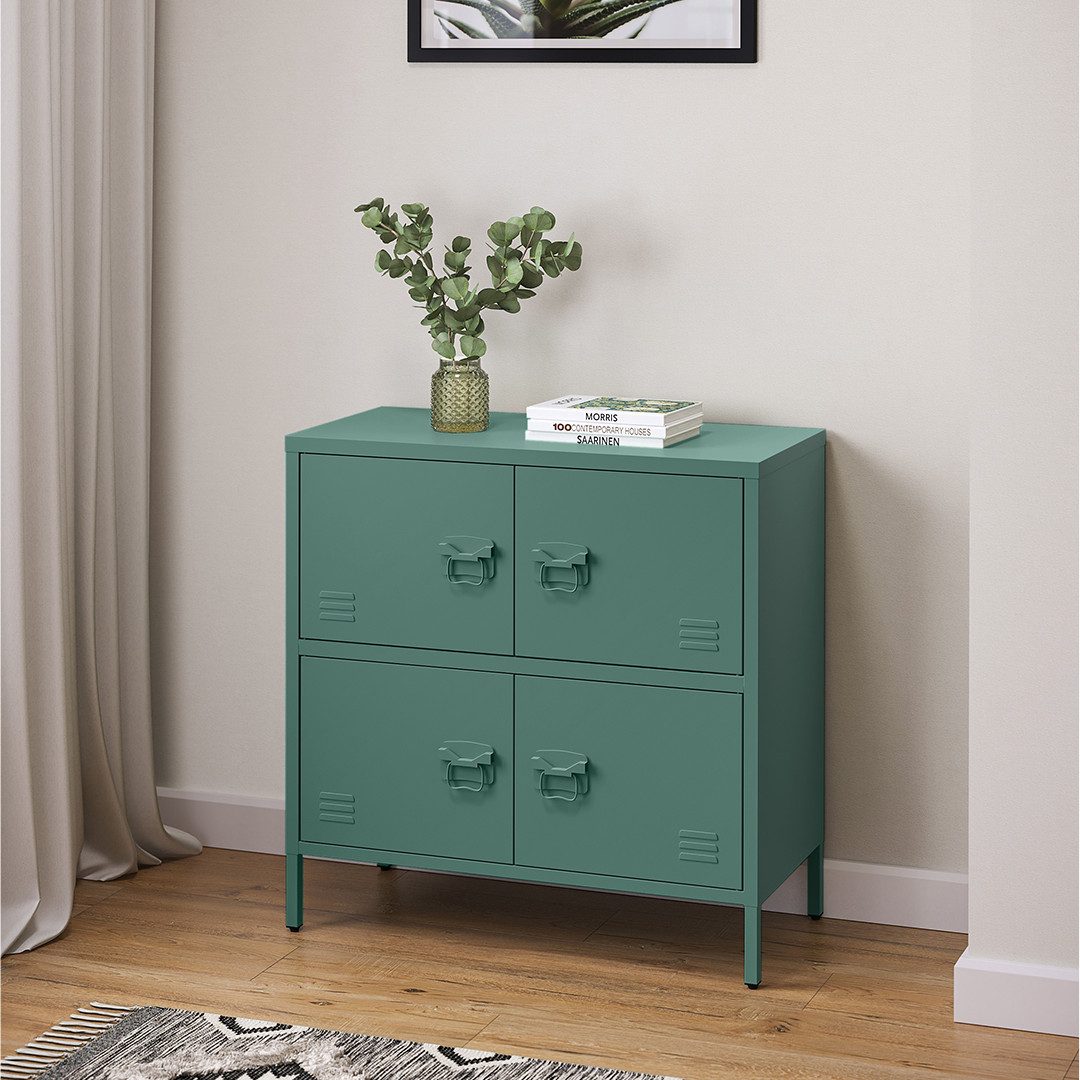 skølm Kommode Zandor aus Metall (Dunkelgrün, 2 Fächer & 4 Türen), Sideboard 81x80x38 cm, Metallschrank auch verfügbar mit 3 Fächern