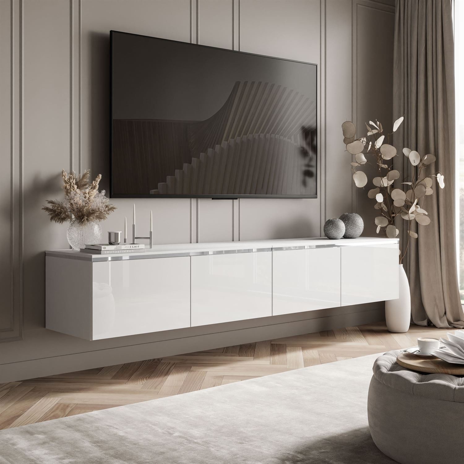 ALLHOUSE24 TV-Schrank NELLY SILBER Hängendes TV Lowboard weiß Glanz mit LED-Beleuchtung 200 cm Breite