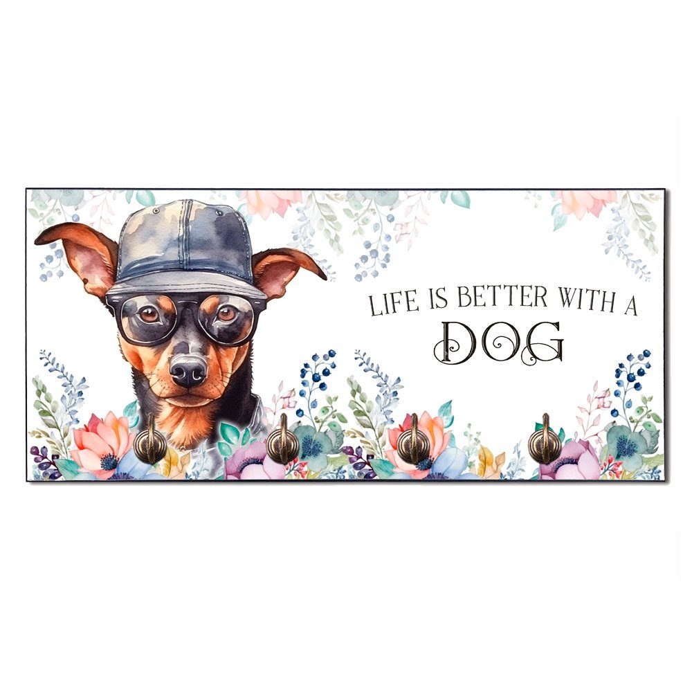 Cadouri Wandgarderobe ZWERGPINSCHER Hundegarderobe - Wandboard für Hundezubehör (Garderobe mit 4 Haken), MDF, mit abgeschrägten Ecken, handgefertigt, für Hundebesitzer