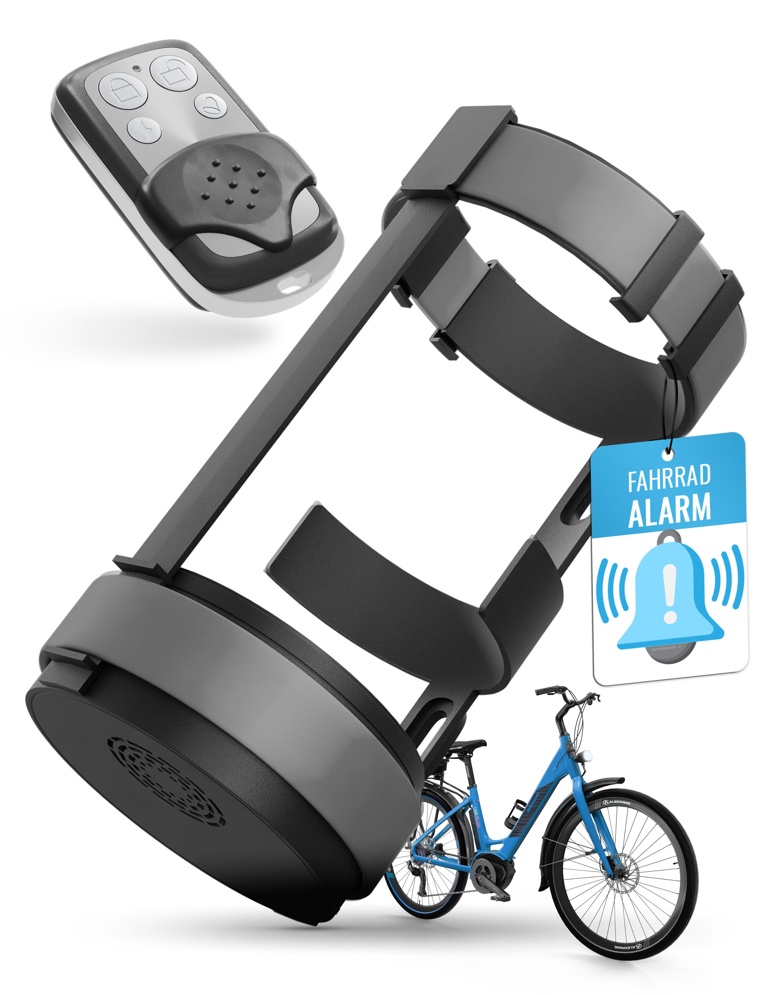 Parkwächter Fahrradalarm mit Universal Flaschenhalter Fahrrad-Alarmanlage (Wasserfeste Fahrradhalterung in Grau)
