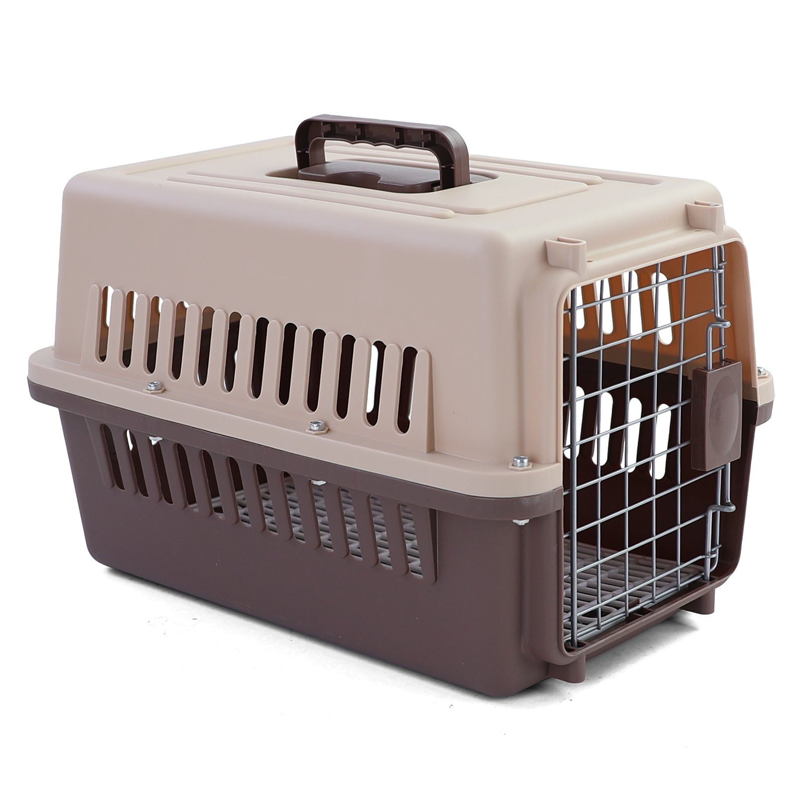 RAMROXX Tiertransportbox Transportbox mit Tür für Hund Katze usw. Beige Braun 30x48x31cm