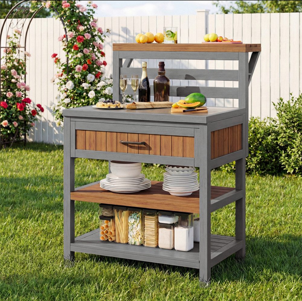 REDOM Servierwagen Outdoor Gartenschrank, (mit Edelstahl-Arbeitsplatte & großer Schublade, Grillstation mit doppelter Ablage, 1 St., 80*72.5*123cm)