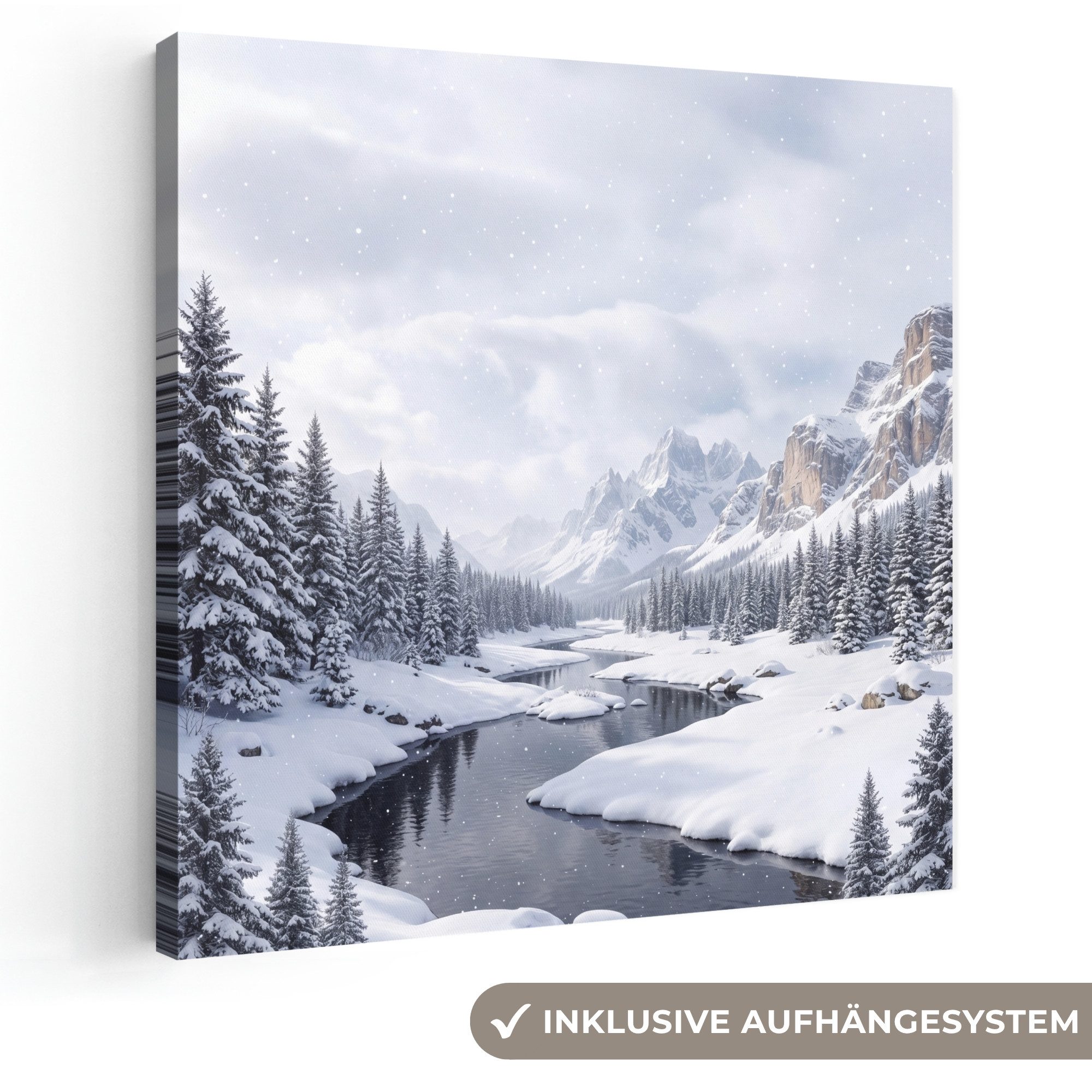OneMillionCanvasses® Leinwandbild Verschneite Landschaft - Berge - Fluss - Winter, Fotodruck (1 St), Wandbild, Deko Schlafzimmer Wohnzimmer Flur 20x20 cm