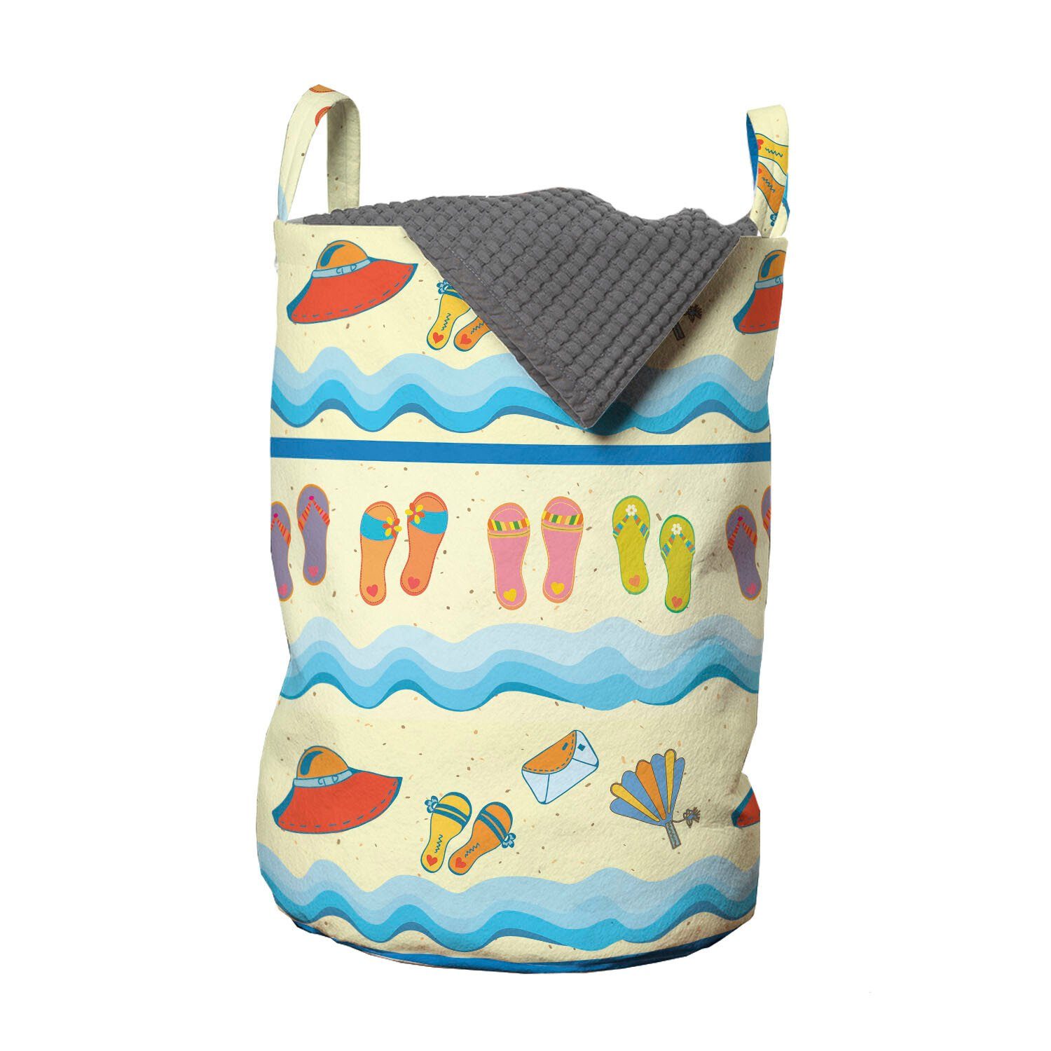 Abakuhaus Wäschesäckchen Wäschekorb mit Griffen Kordelzugverschluss für Waschsalons, Flip Flops Meer Wellen und Sand