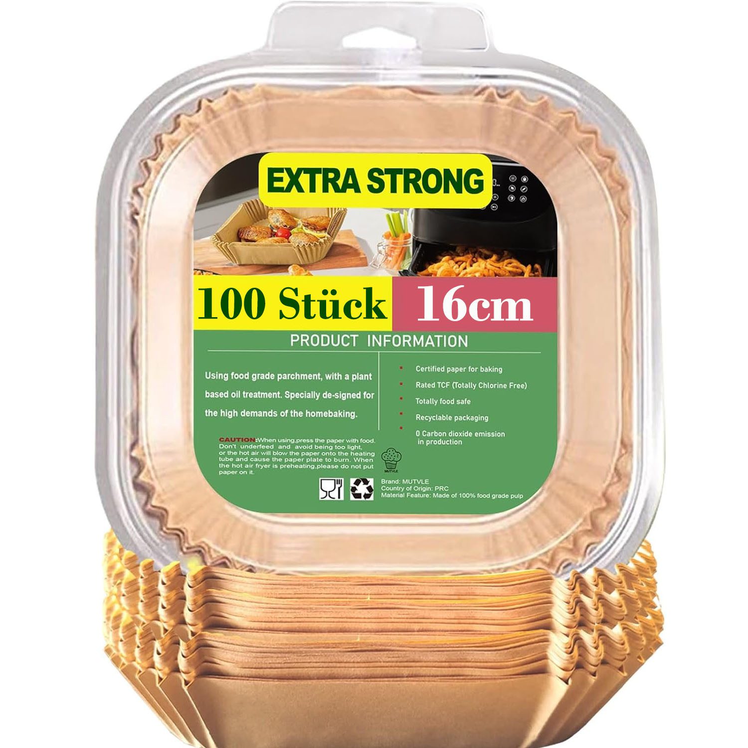 SURFOU Backpapier für Heißluftfritteuse-3–5L, Air Fryer Backpapier 16 cm-100/200 Stück, Antihaft & ölfestes Backpapier – Ø16 cm, Höhe 4,5 cm, Quadratisch