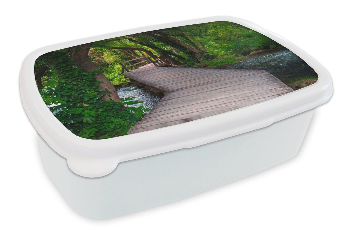 MuchoWow Lunchbox Wald - Natur - Brücke, Kunststoff, (2-tlg), Brotbox für Kinder und Erwachsene, Brotdose, für Jungs und Mädchen weiß