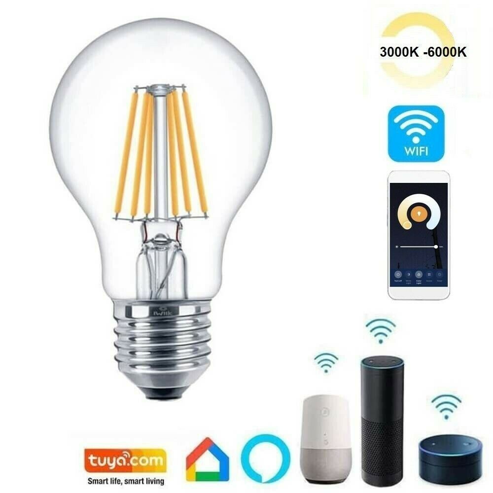 malino24 »LED Smart Alexa Google Home IWIIK Smart WI-FI Glühbirne Lampe CCT  Lichtfarbe Verstellbar, Dimmbar Birne E27 7W 806 lm. Filament« Smarte  LED-Leuchte, Smart Home, 2700K - 6500K