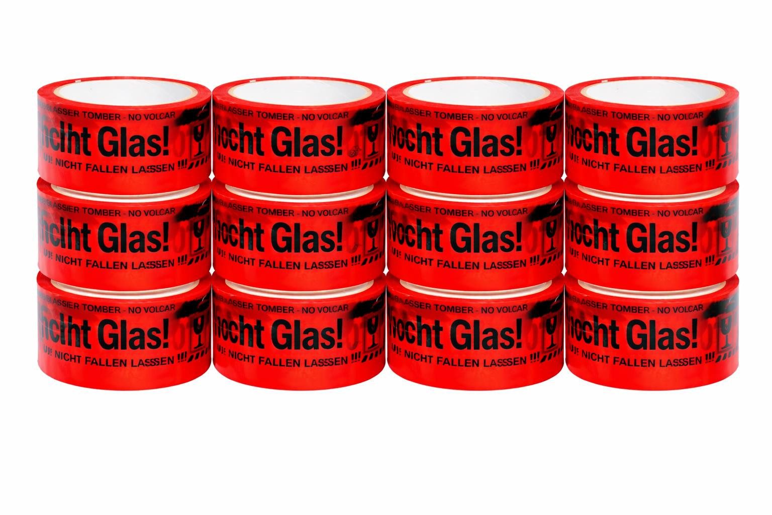 BAYLI Klebeband 12 Rollen PP Klebeband Vorsicht Glas 48mm x 66m - Warnband - starkes