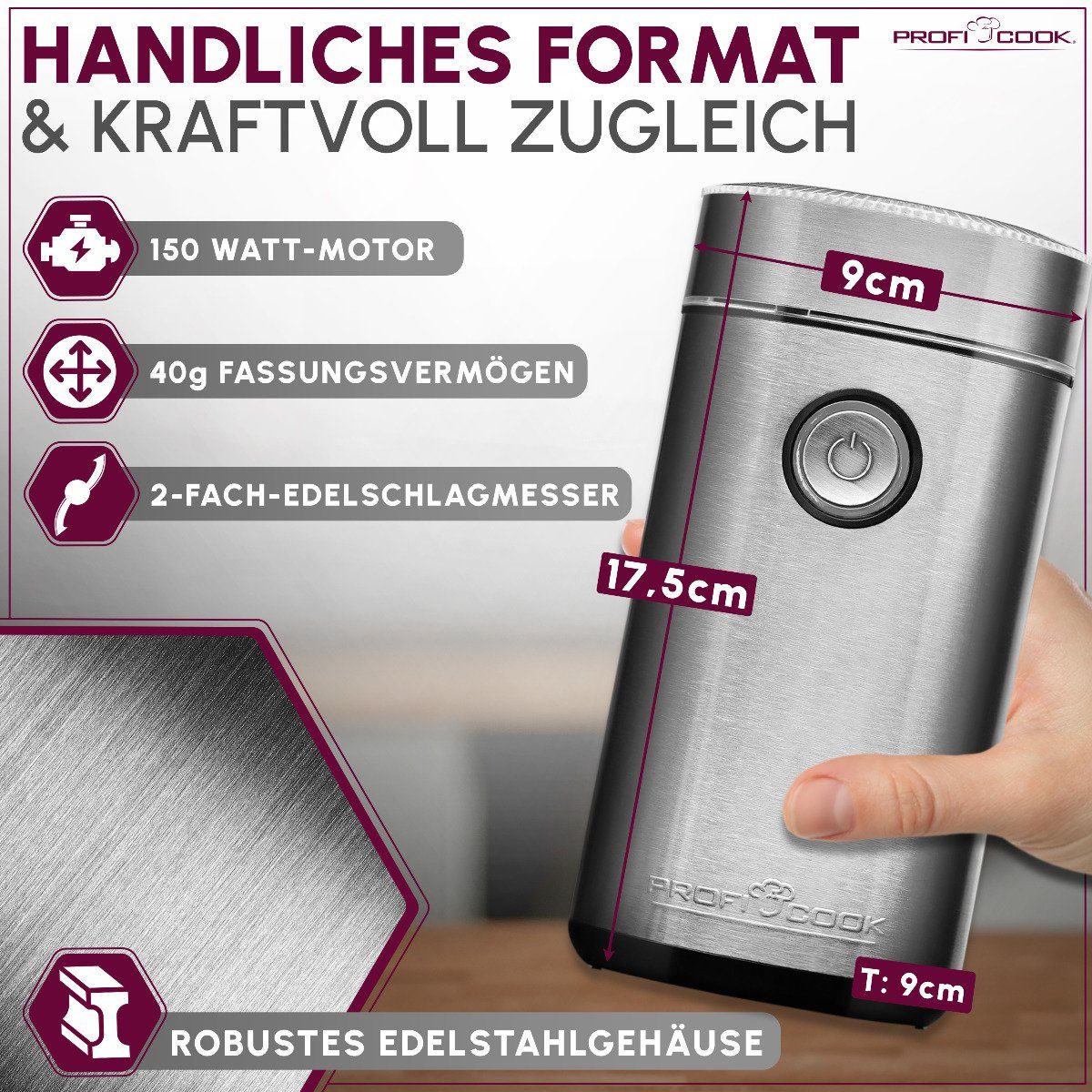 ProfiCook Kaffeemühle PC-KSW 1216, Kaffeemühle elektrisch mit 2-fach Edelstahlmesser