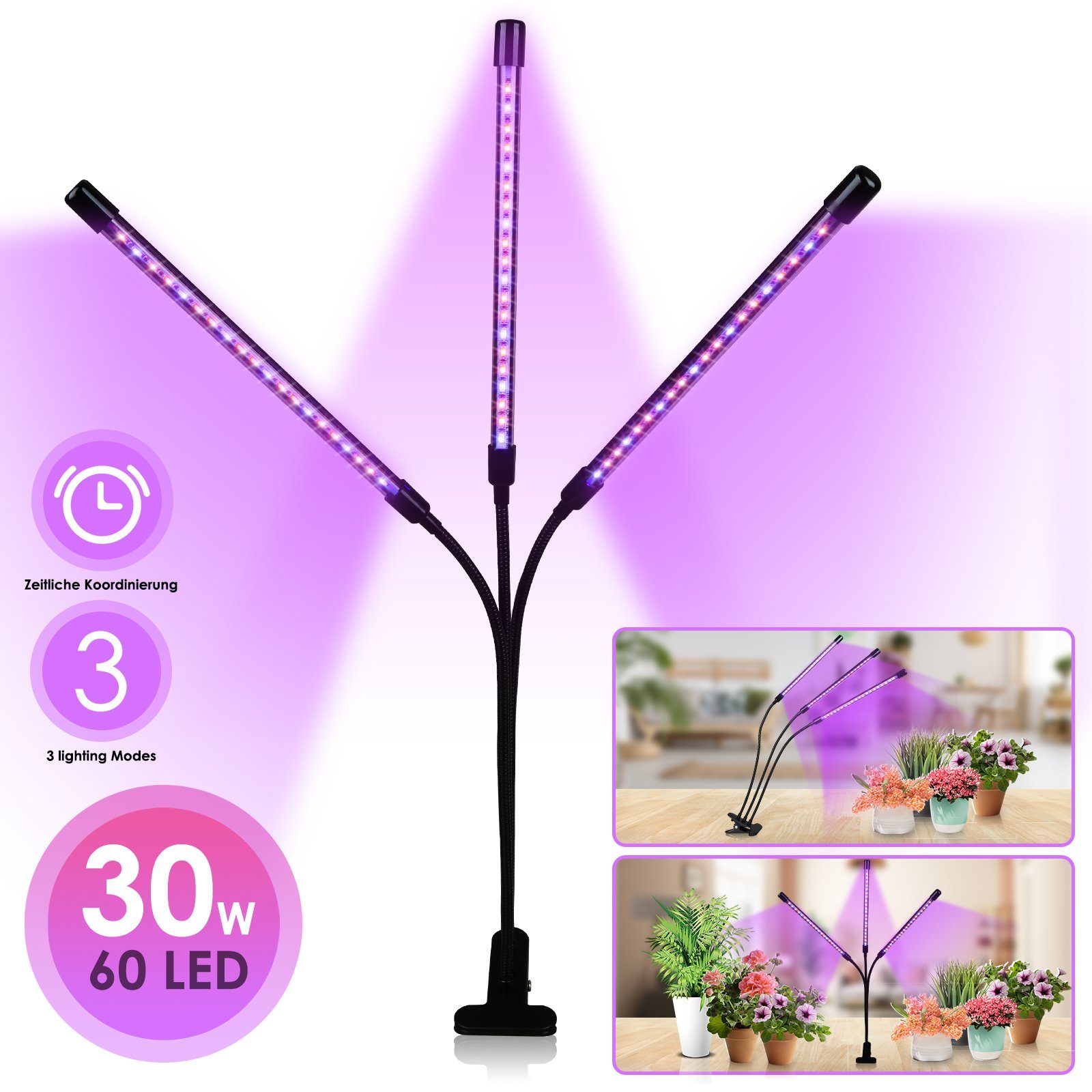 Lospitch Pflanzenlampe 3 Köpfe LED Pflanzenlicht 30W Dimmbar Vollspektrum Wachstumslampe, Grow Light mit 3 Licht Modus, 10 Helligkeitsstufen