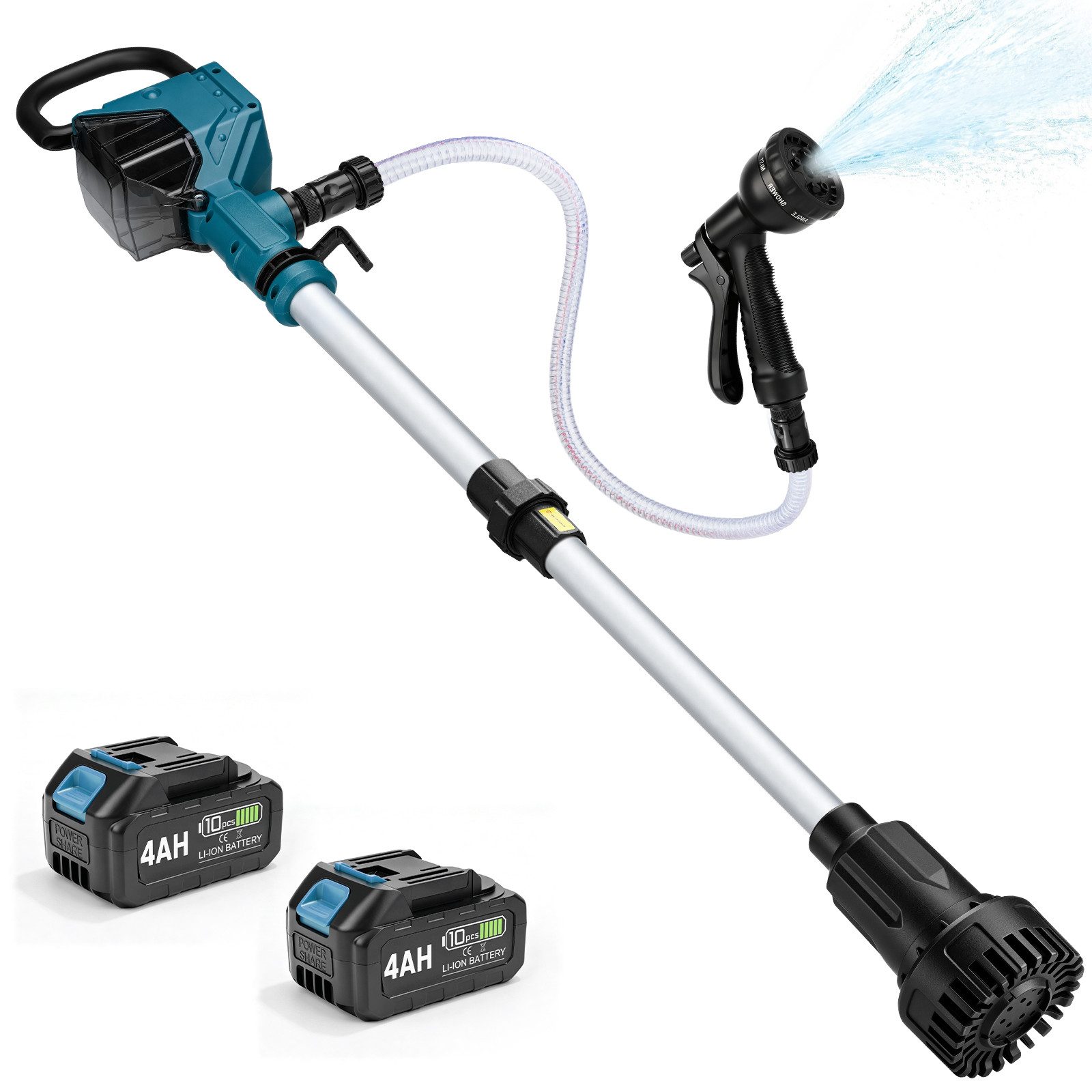 XERSEK Regenfasspumpe 3600 L/h Akku Stab-Wasserpumpe mit 2×4,0Ah Akku Kabellose Gartenpumpe (Set, 3-tlg., 10m Förderhöhe, Stab-Transferpumpe mit Gartensprühdüse & 2m Schlauch), für Regentonnen Garten Pool Teich
