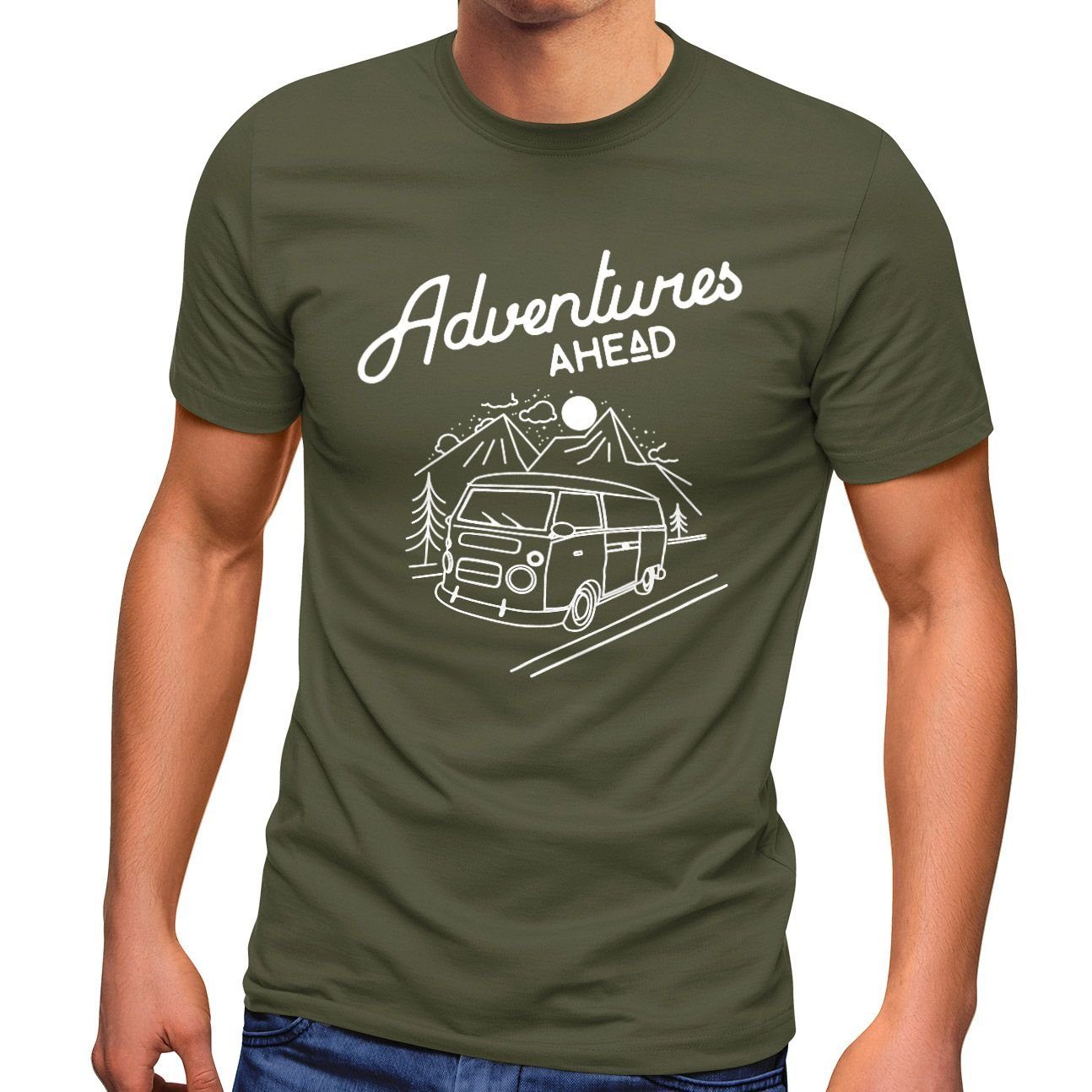 MoonWorks Print-Shirt Herren T-Shirt Bus Retro Abenteuer Adventures Ahead Moonworks® mit Print grün
