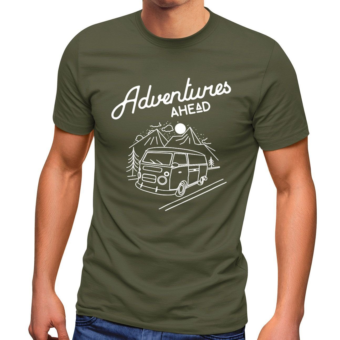 T-Shirt Herren Print-Shirt Abenteuer Moonworks® Retro Bus Ahead grün mit Print MoonWorks Adventures