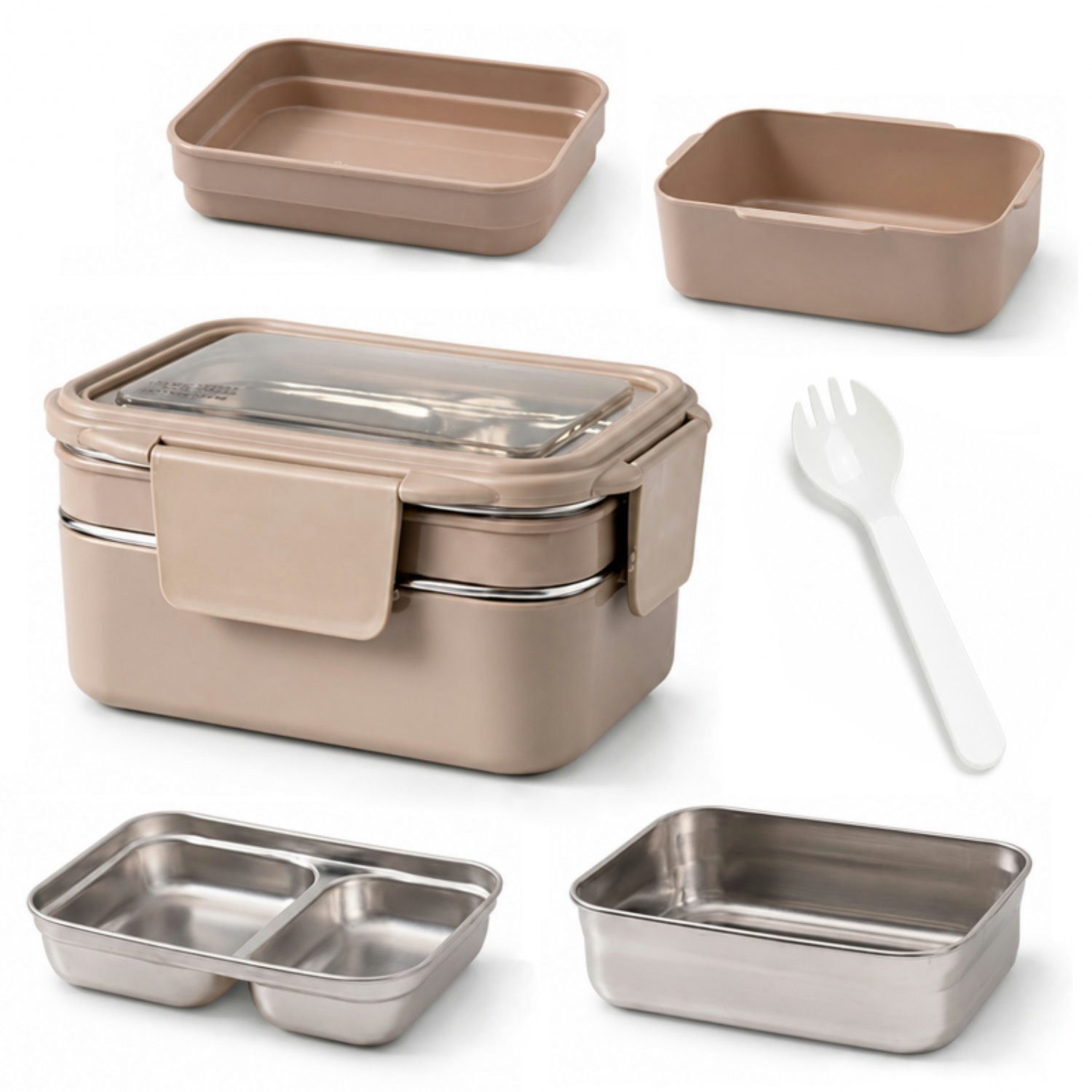WS-Trend Lunchbox Lunchbox Edelstahl 1200 ml – 2-stöckige Bento Box mit 3 Fächern, Gabel, (Set)