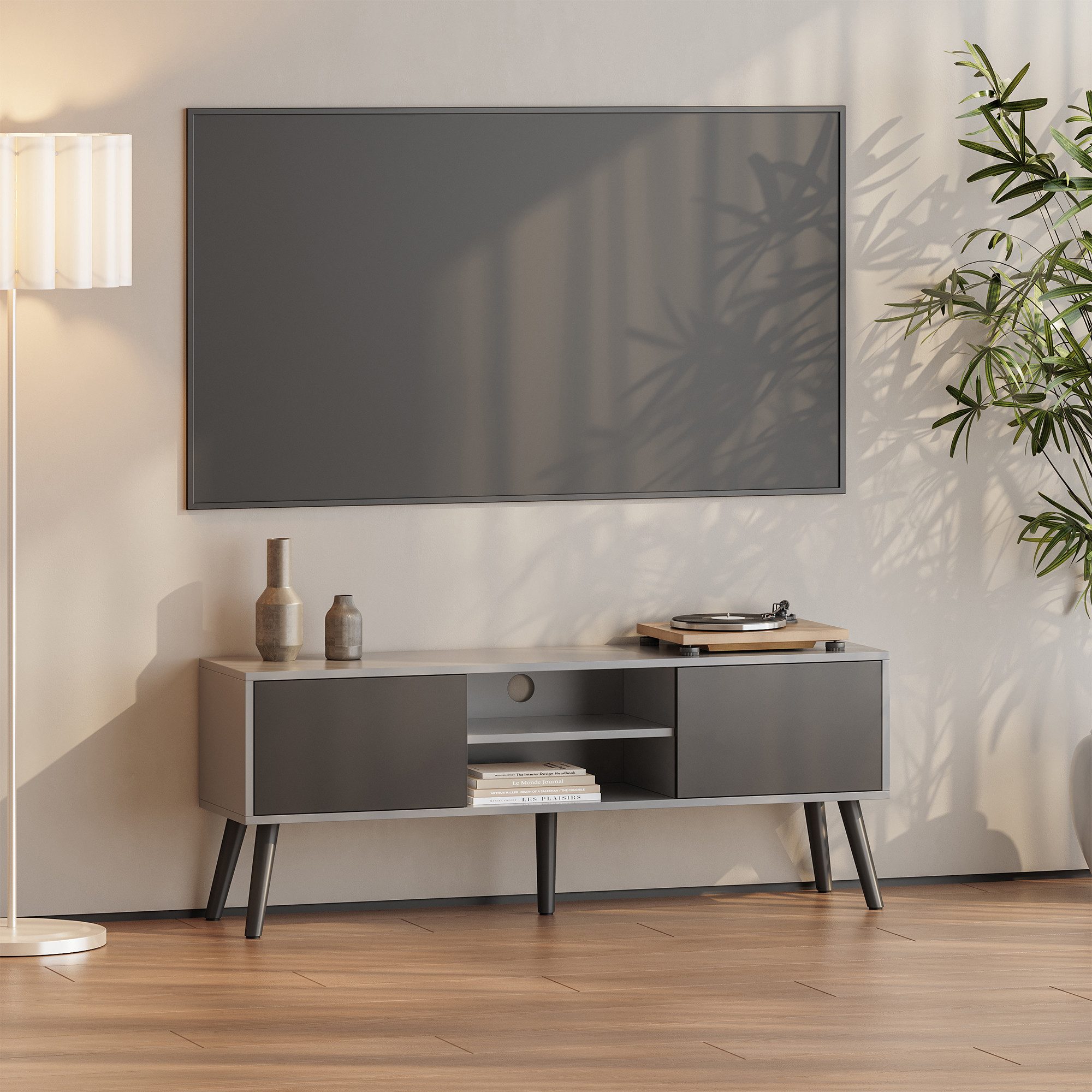 en.casa Lowboard, »Eskilstuna« Fernsehtisch 120x29,5x46,5cm Hellgrau / Schwarz