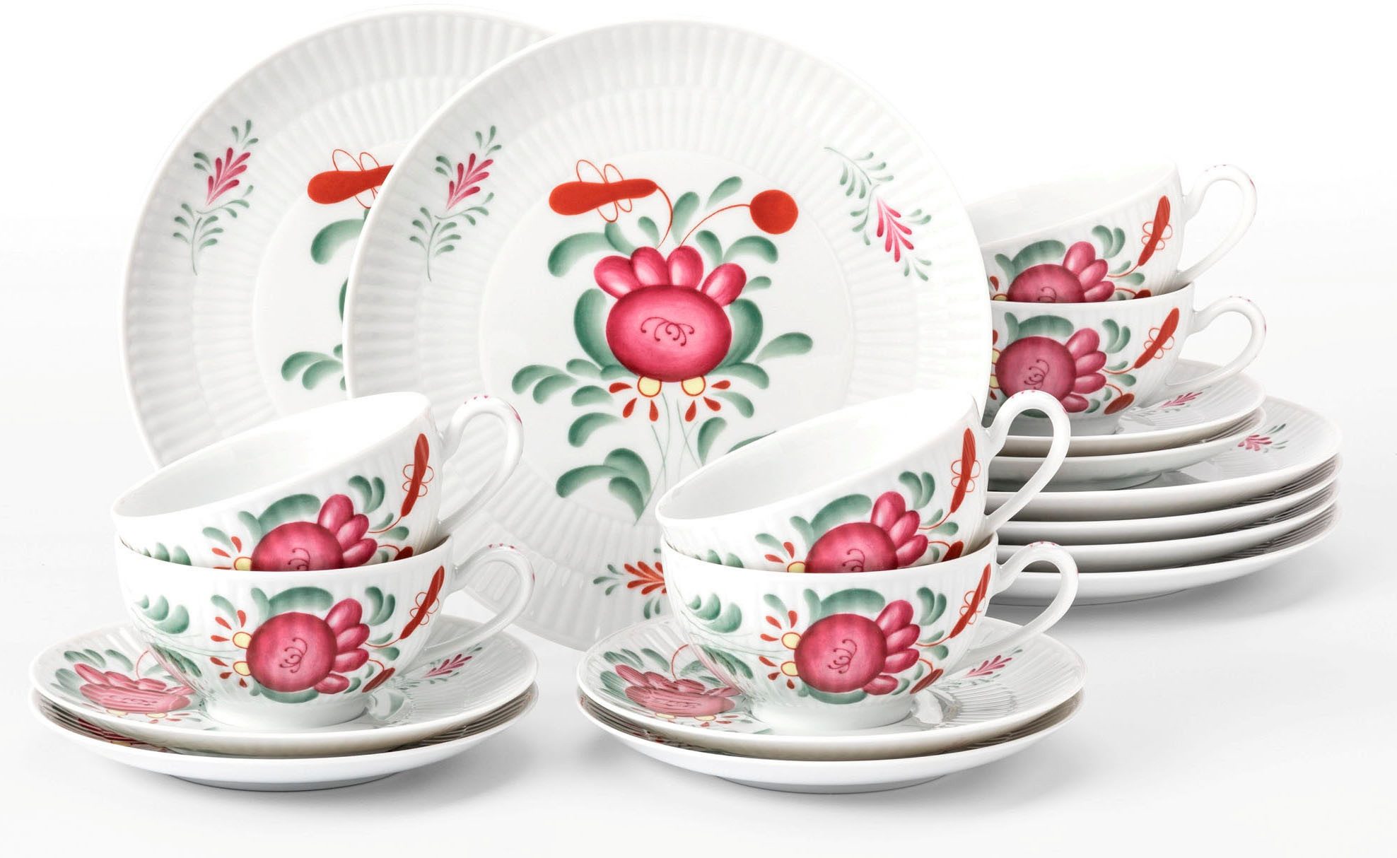 Seltmann Weiden Teeservice Geschirr-Set, 18 Teile, Amina Ostfiesenrose, groß (18-tlg), 6 Personen, Porzellan, Stäbchenrelief, die Ostfriesenrose, Blütenmotiv