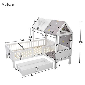 SOFTWEARY Kinderbett mit Lattenrost und Sitzbank (90x200 cm), Hausbett mit Schubladen